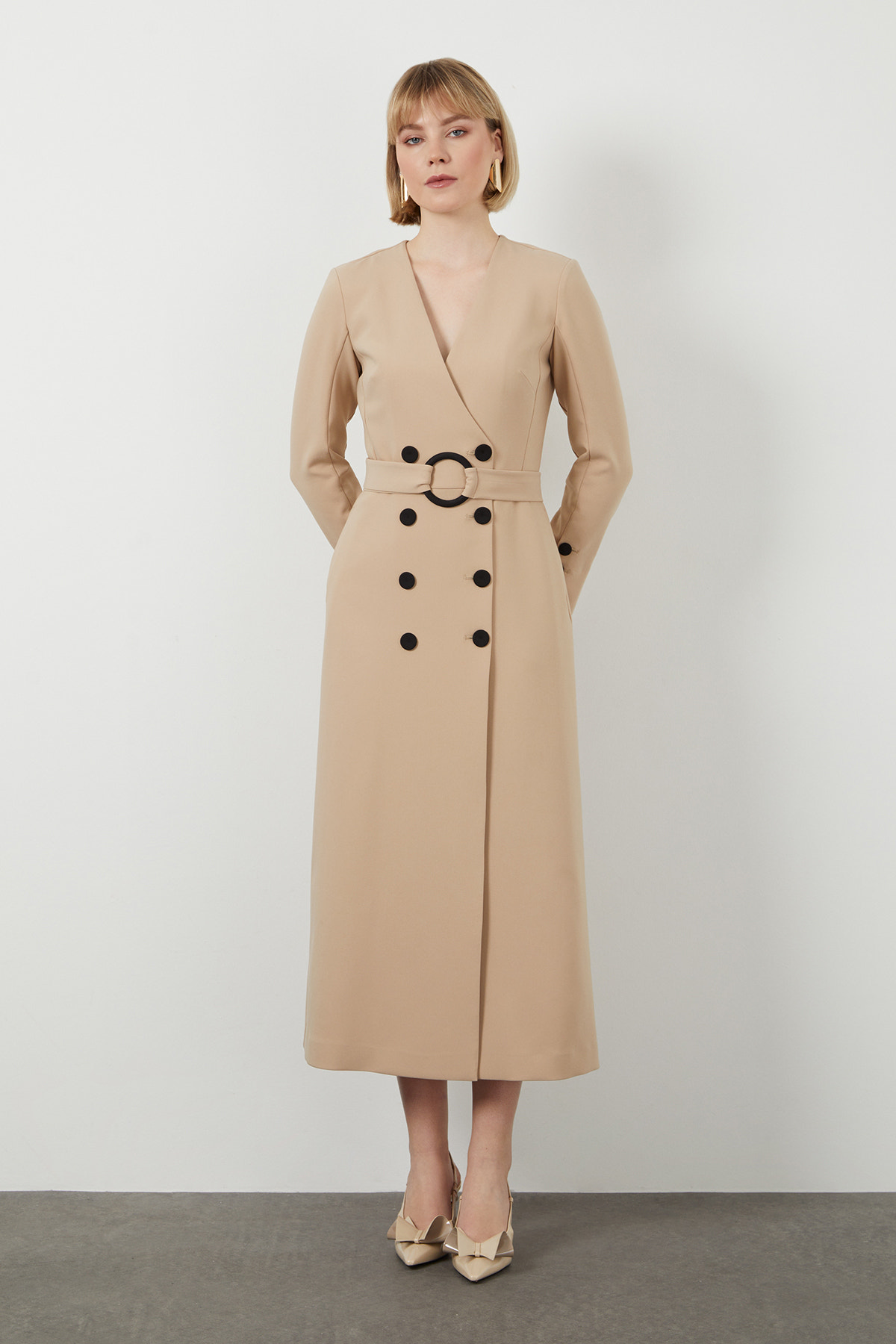 Seyyar Toka Detay Kemerli Midi Boy Elbise