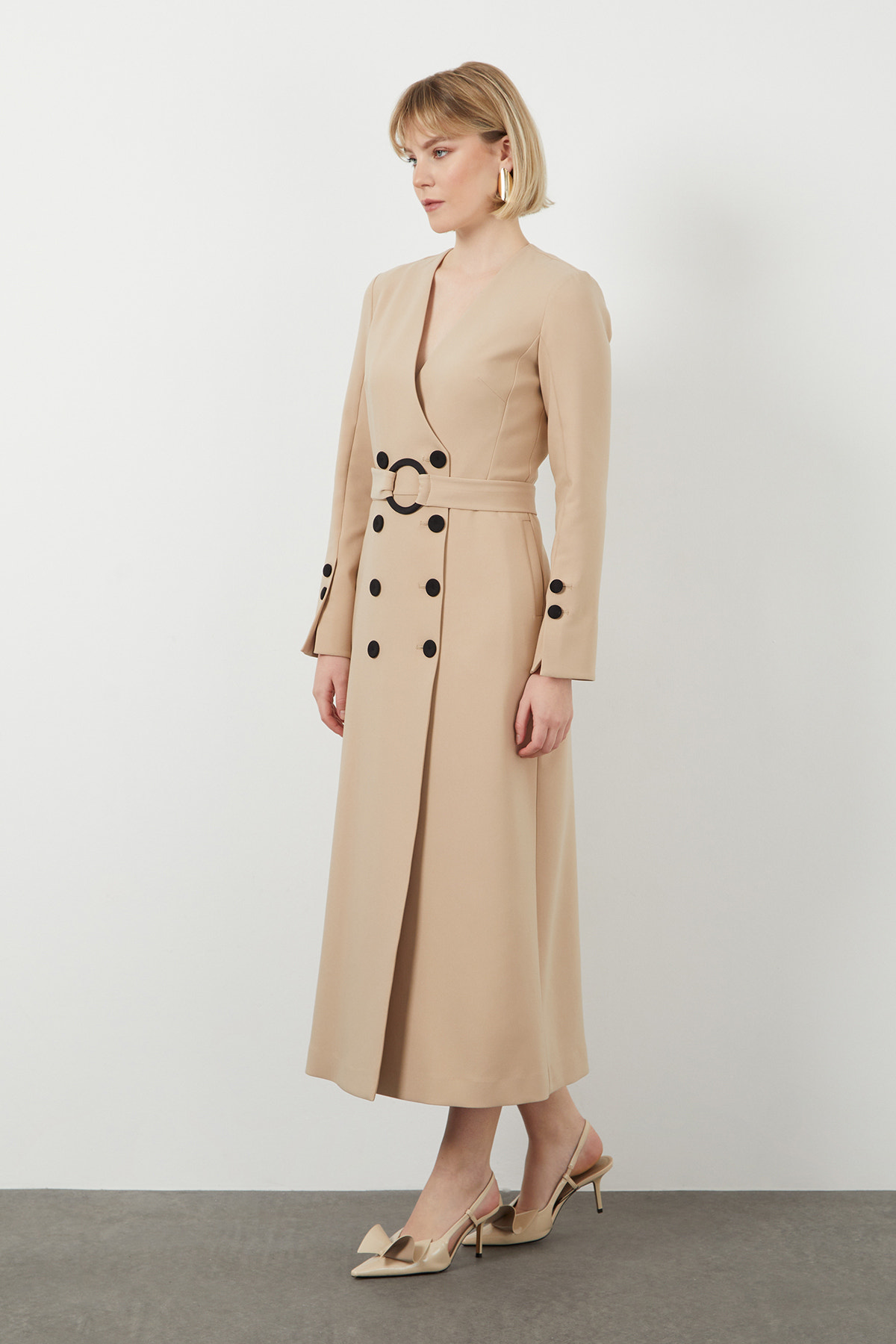 Seyyar Toka Detay Kemerli Midi Boy Elbise