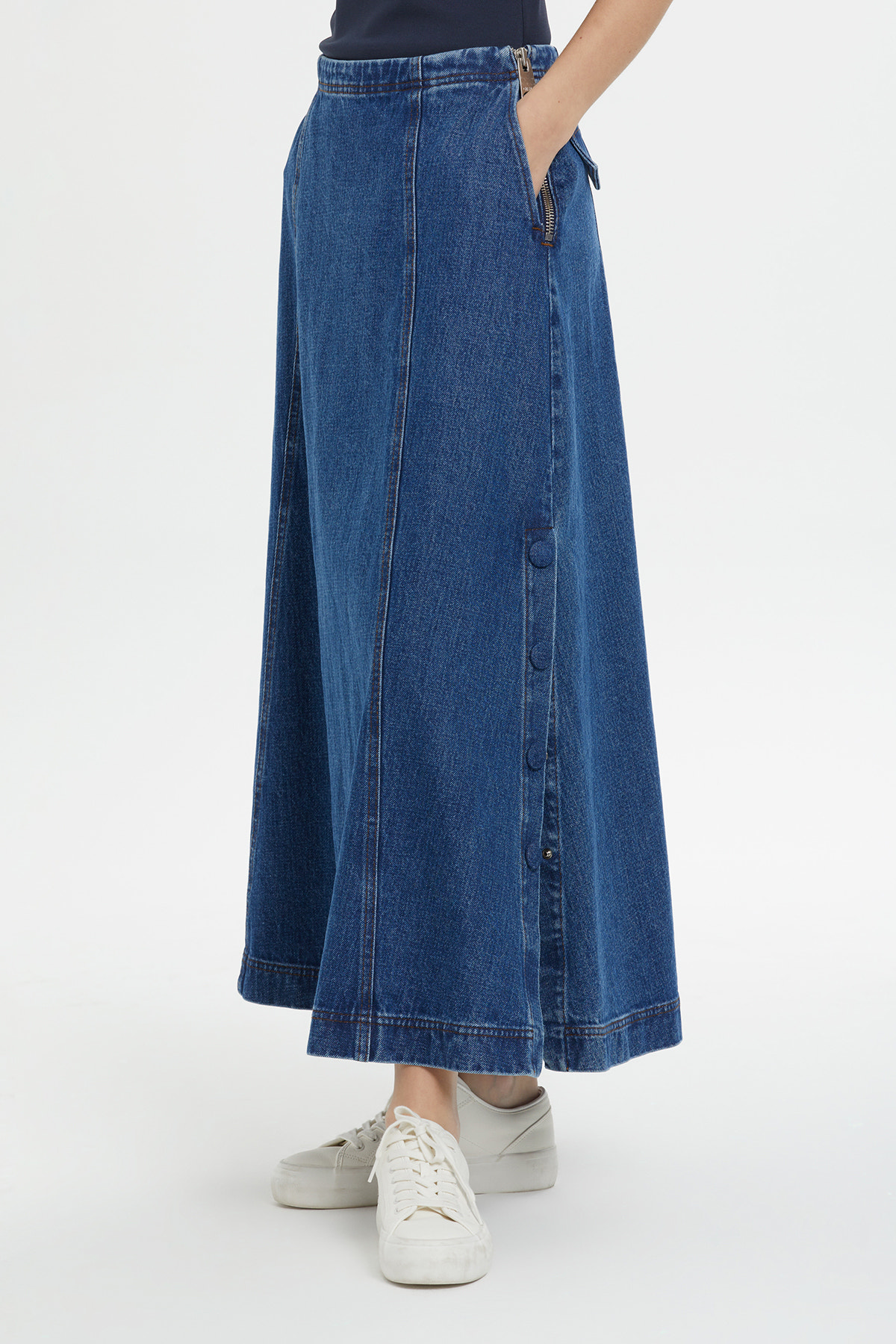 Cep Detaylı Uzun Denim Etek