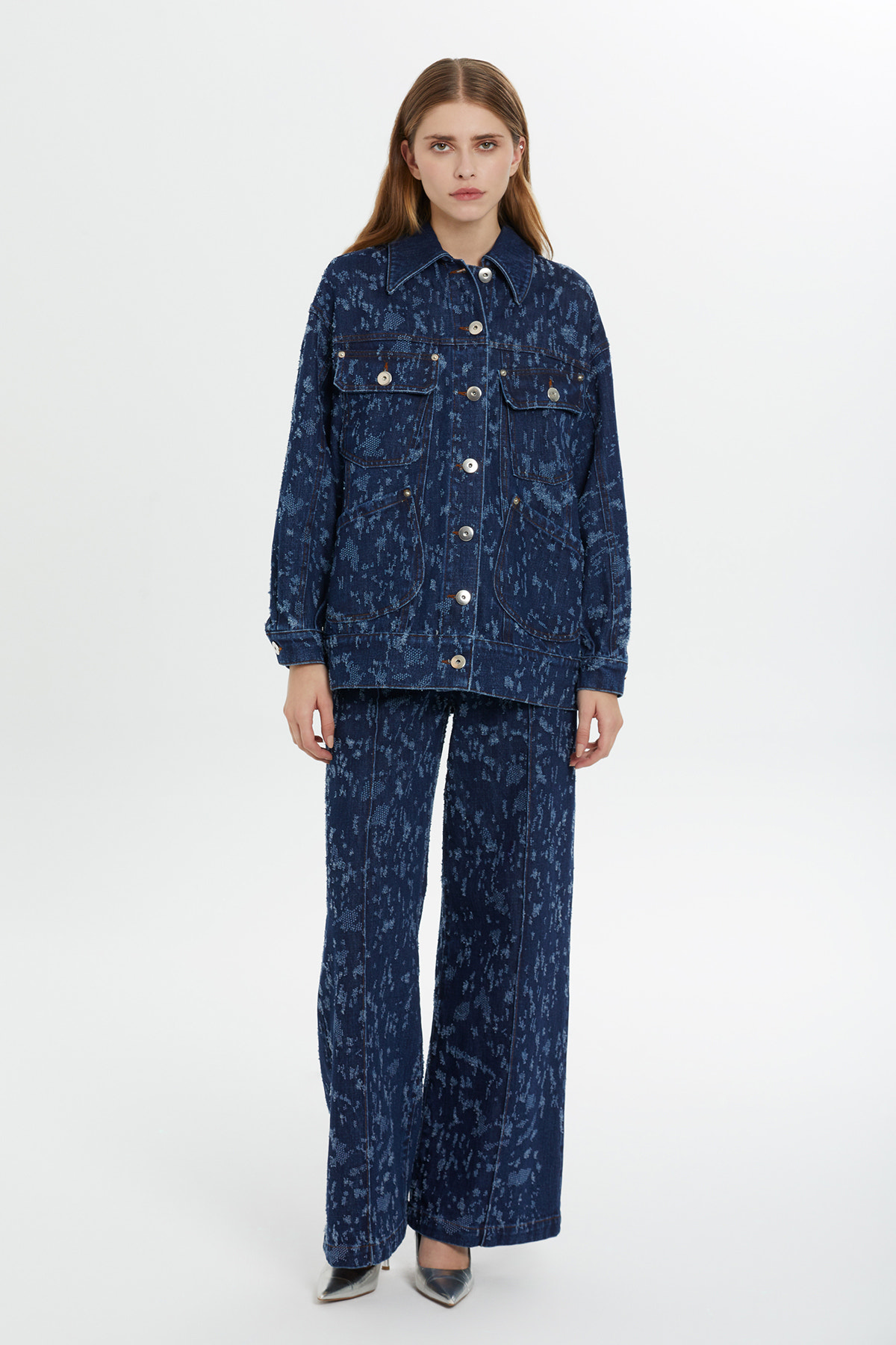 Desenli Lacivert Denim Ceket