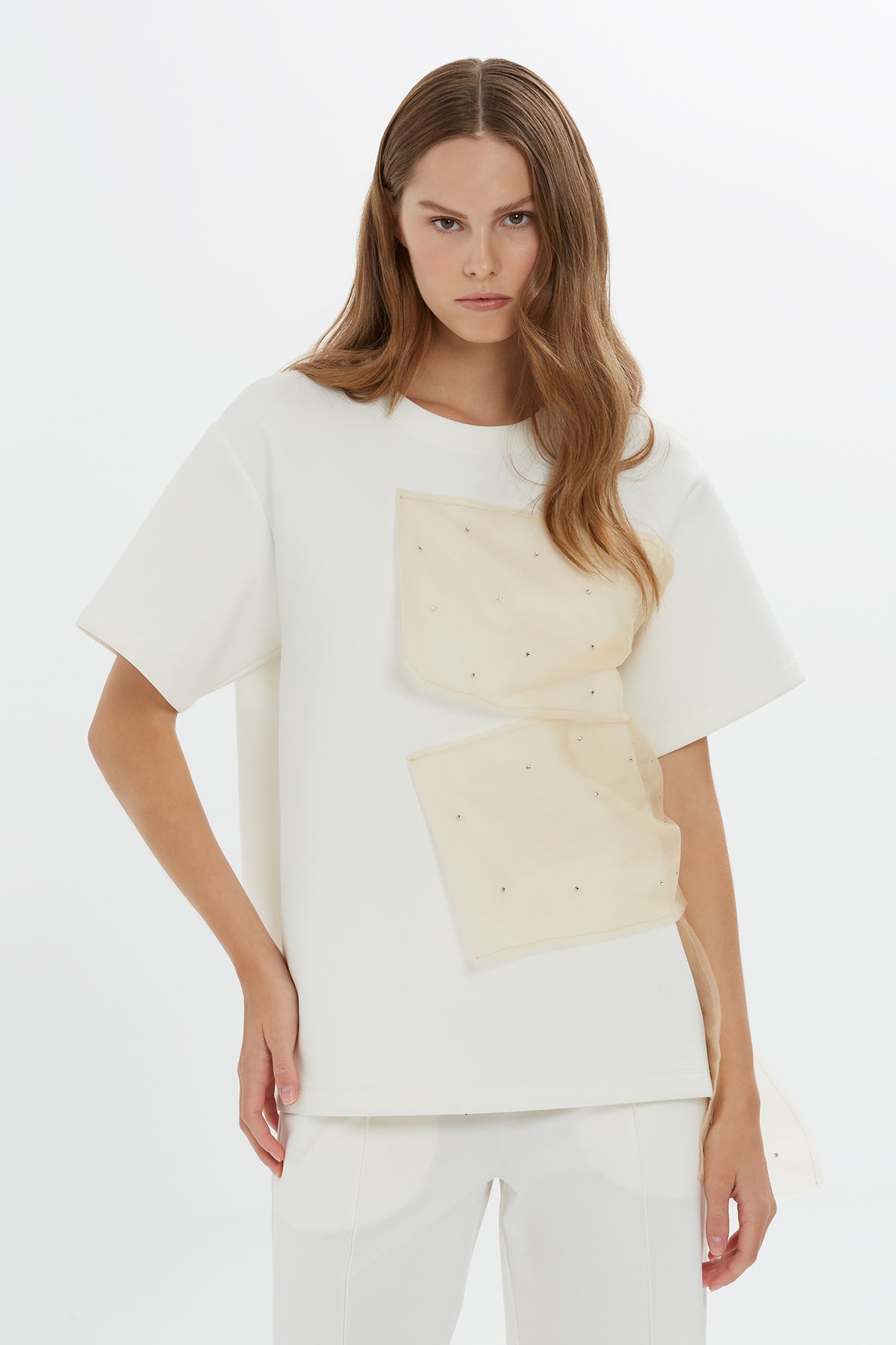Tül Ve Boncuk Detaylı Ekru T-shirt
