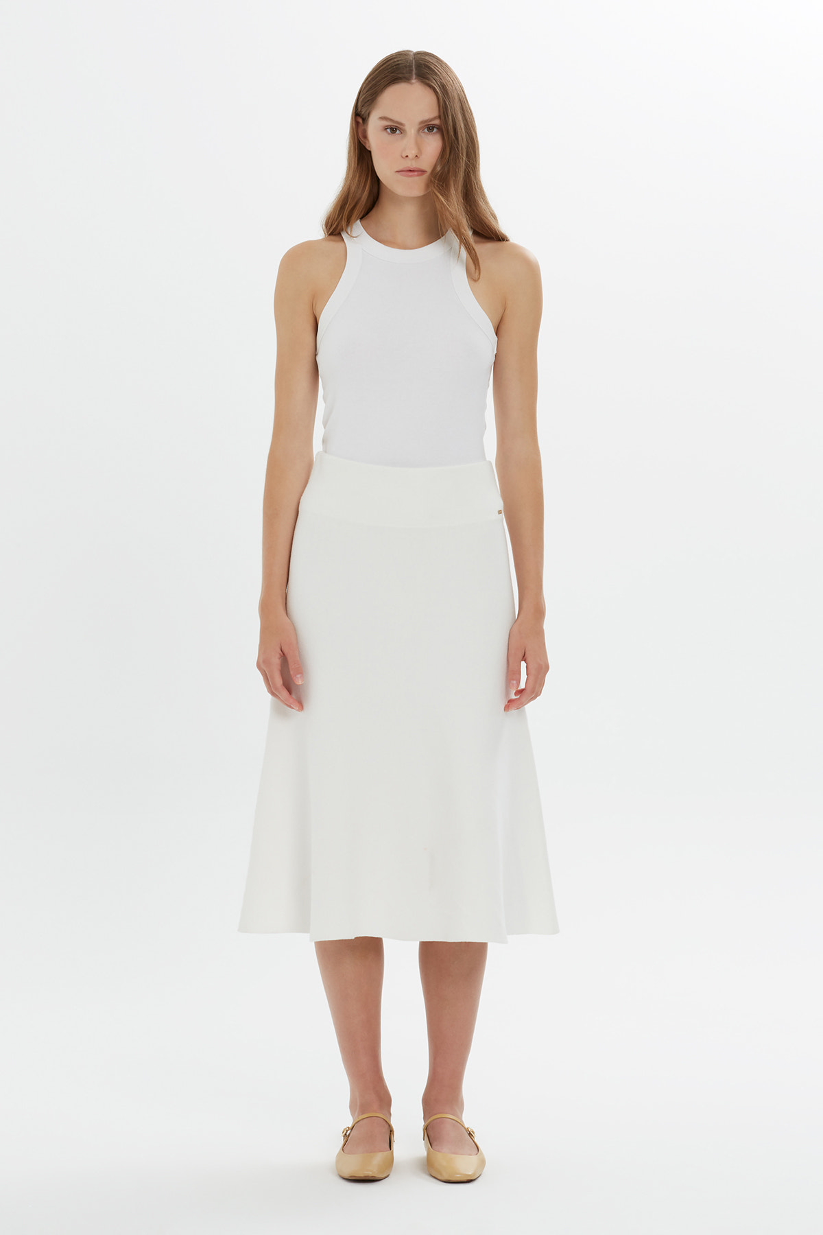 Logo Detaylı Yüksek Bel Midi Boy Triko Etek