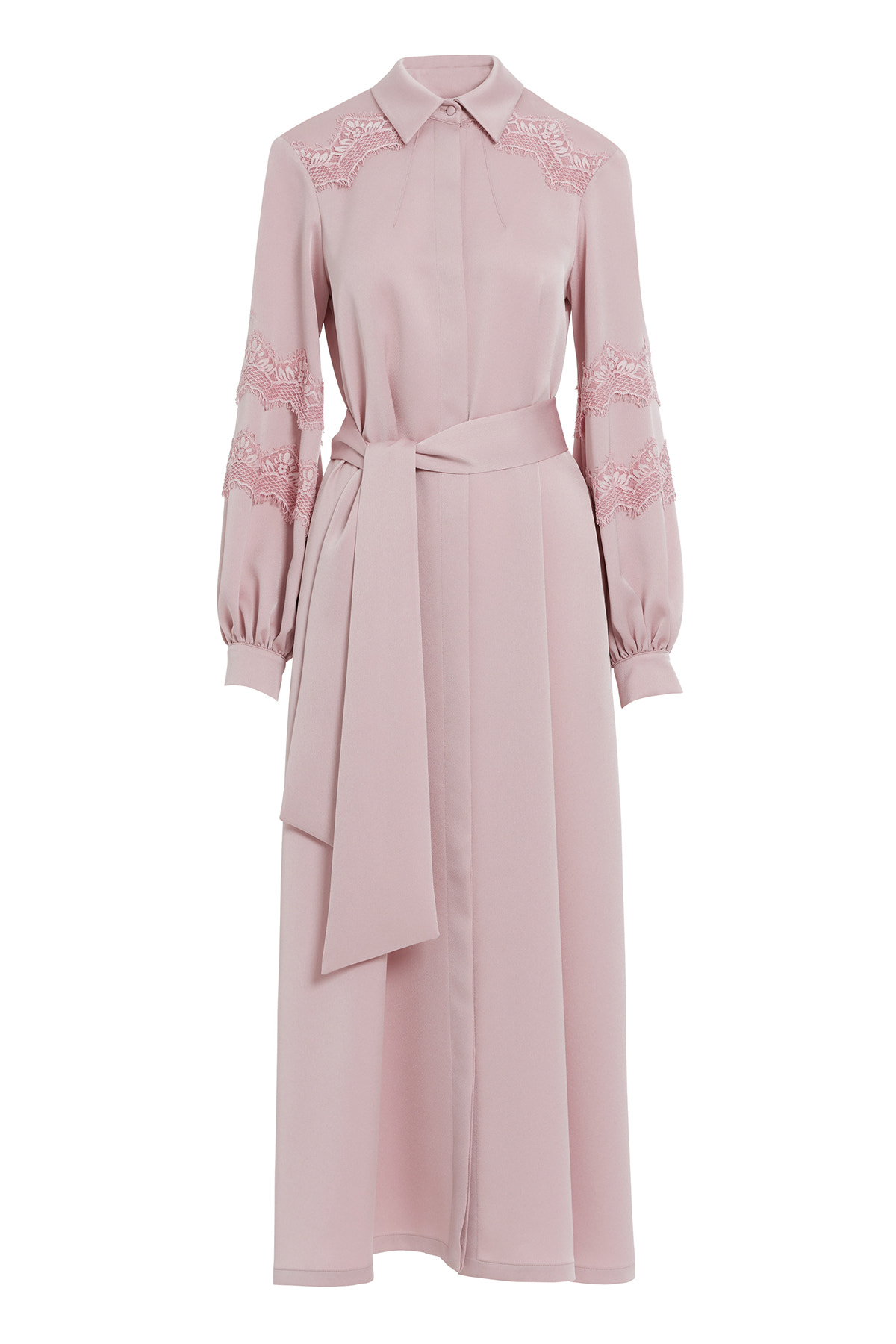 Gömlek Yaka Dantel Detaylı Seyyar Kuşaklı Maxi Elbise