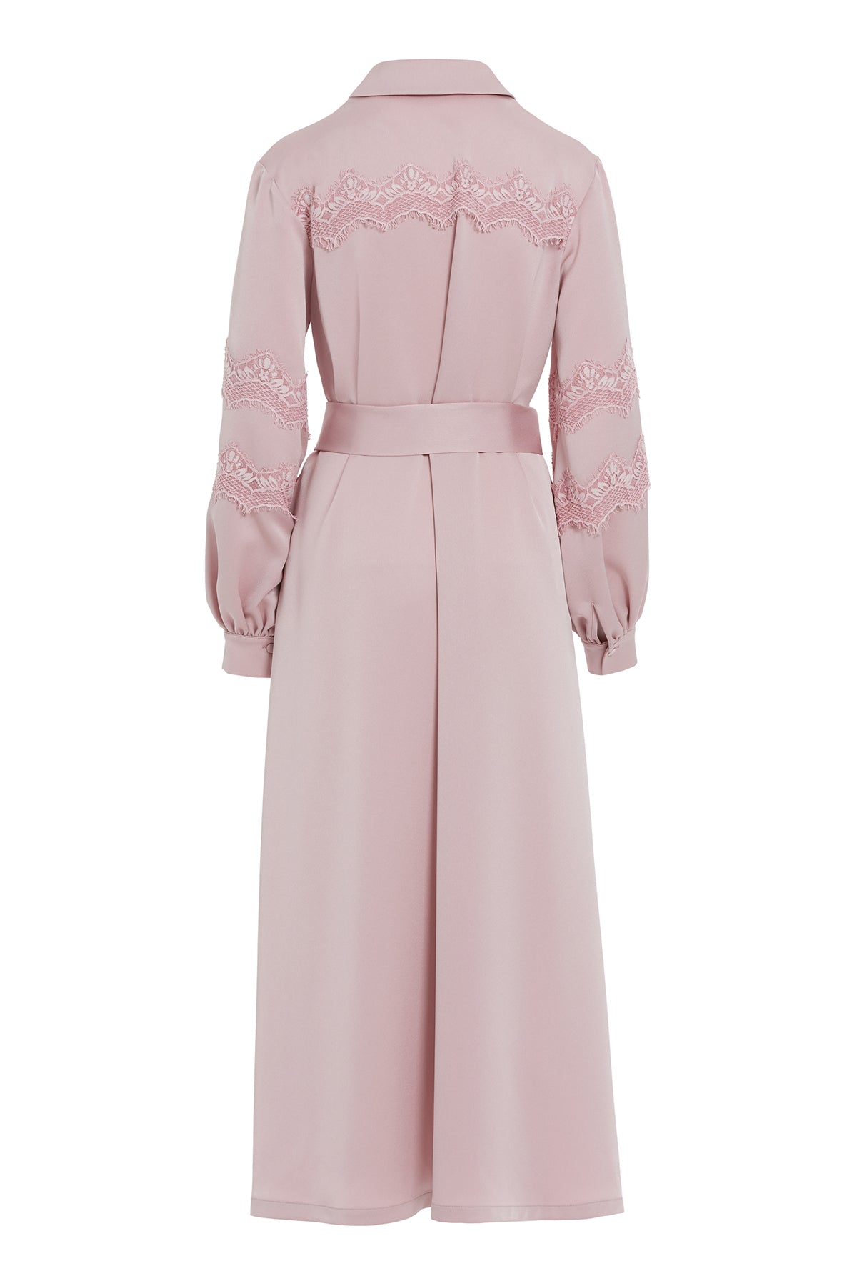 Gömlek Yaka Dantel Detaylı Seyyar Kuşaklı Maxi Elbise