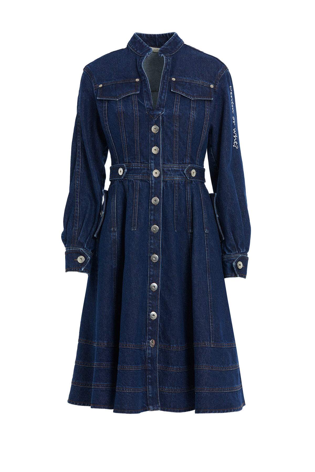 Düğme Detaylı Uzun Kollu Denim Midi Elbise