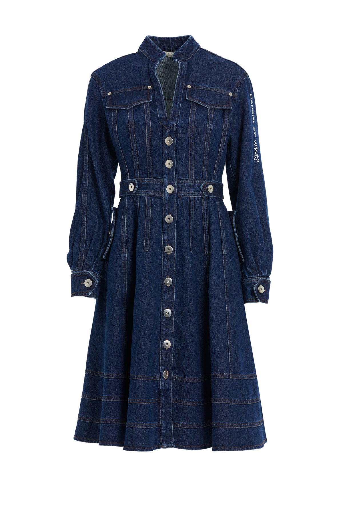 Düğme Detaylı Uzun Kollu Denim Midi Elbise