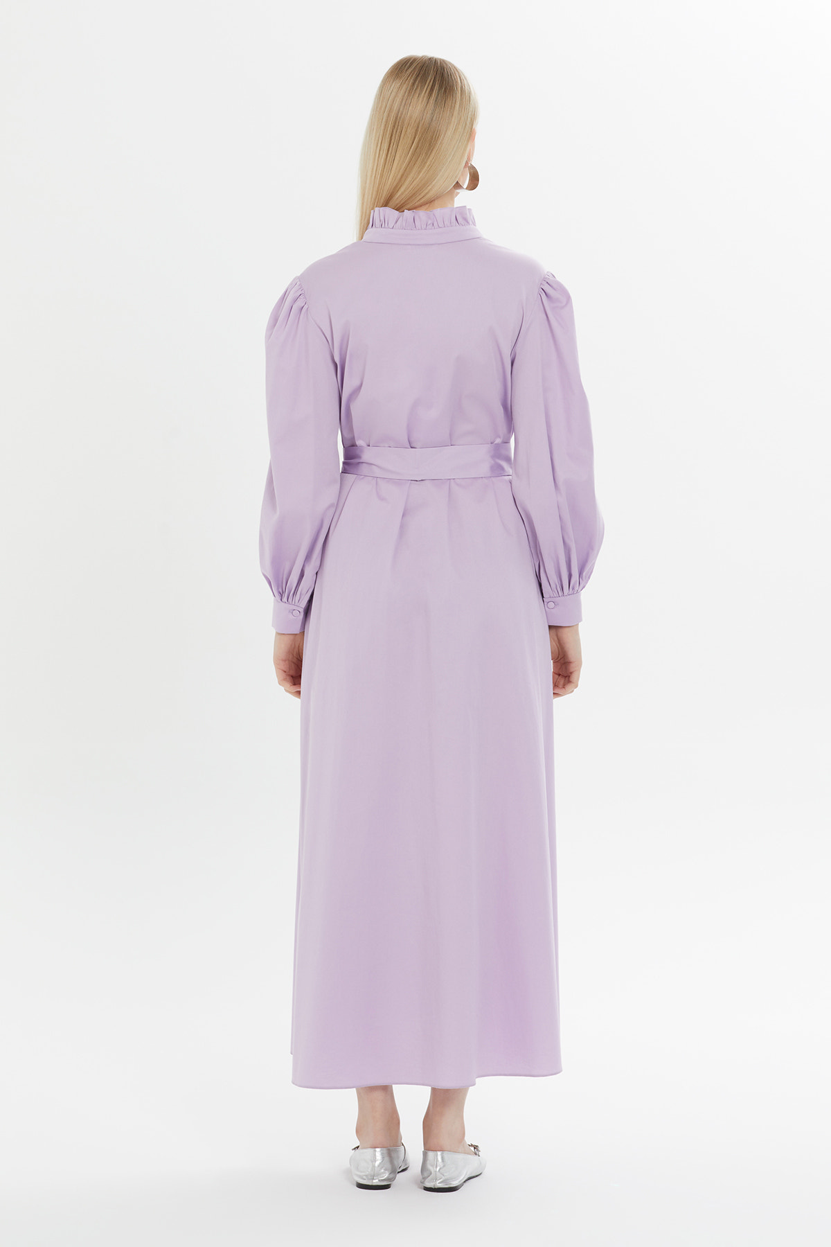 Fırfır Detaylı Belden Bağlamalı Maxi Astarlı Elbise