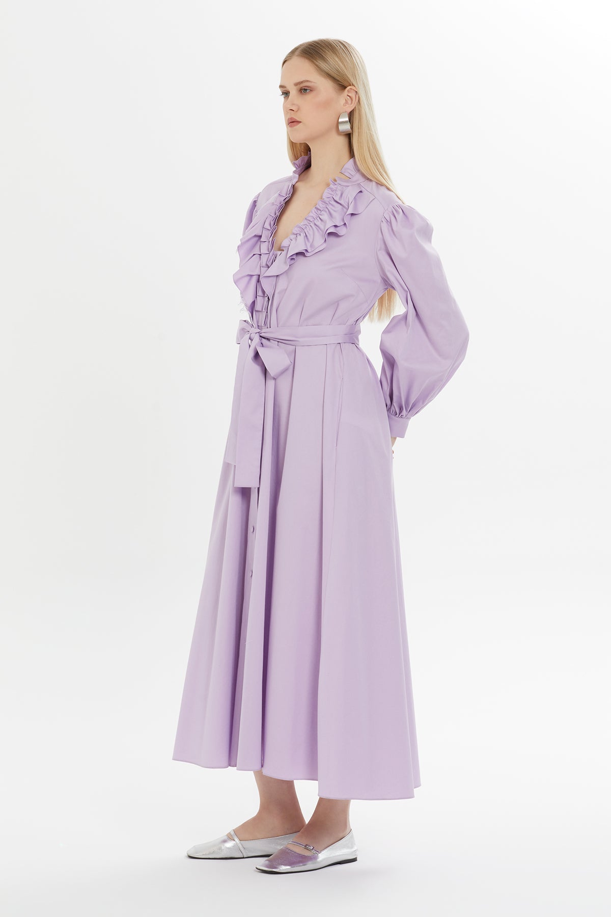 Fırfır Detaylı Belden Bağlamalı Uzun Astarlı Elbise