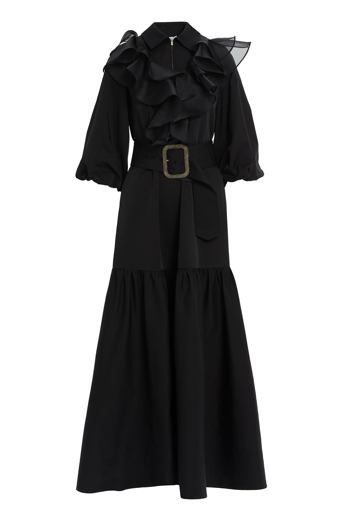 Fırfır Detaylı Truvakar Kollu Uzun Elbise