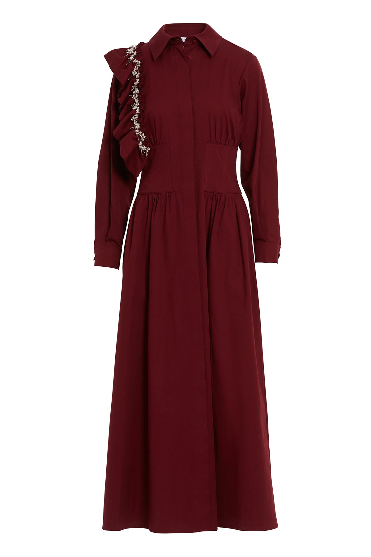 Beli Korsaj Detaylı Pile Üstüne Boncuk İşlemeli Uzun Elbise