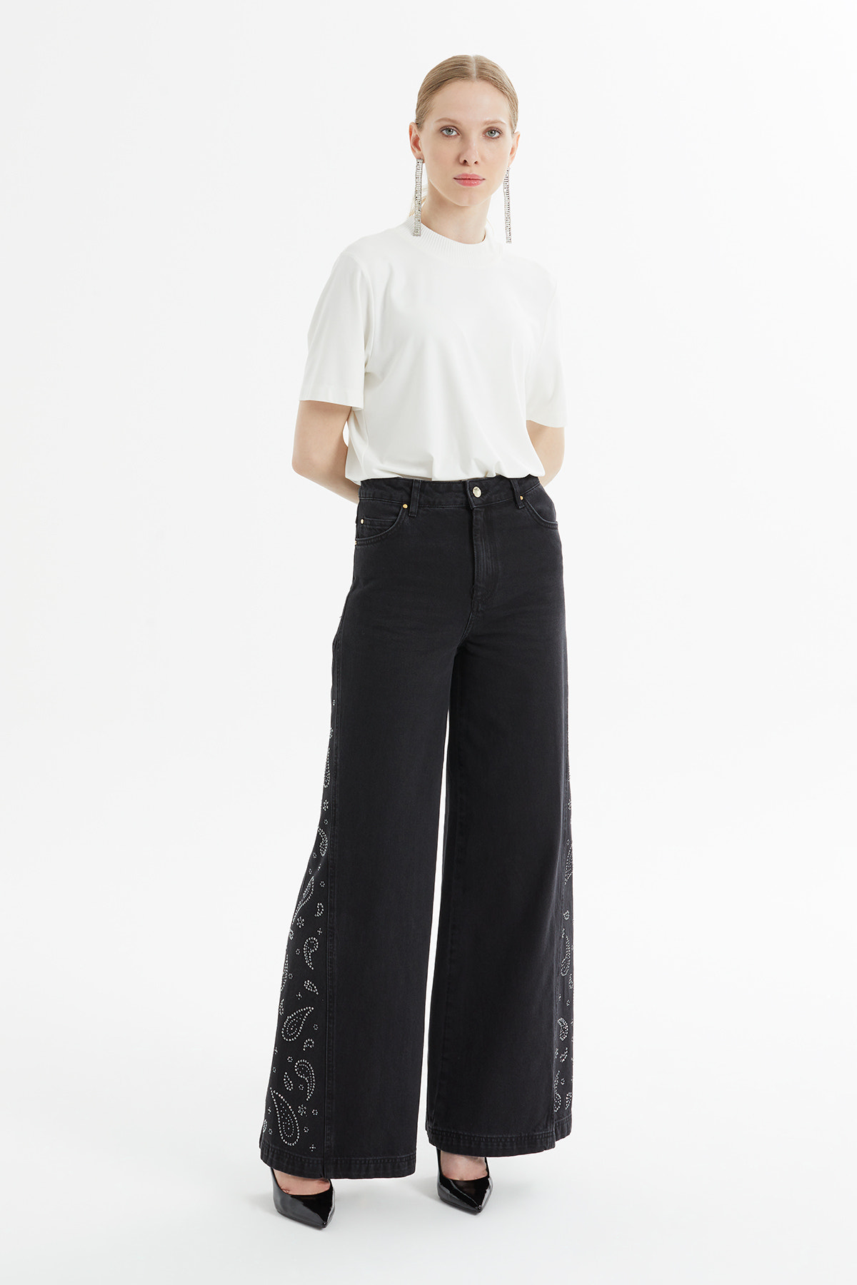 Düğmeli Geniş Paça Jean Pantolon