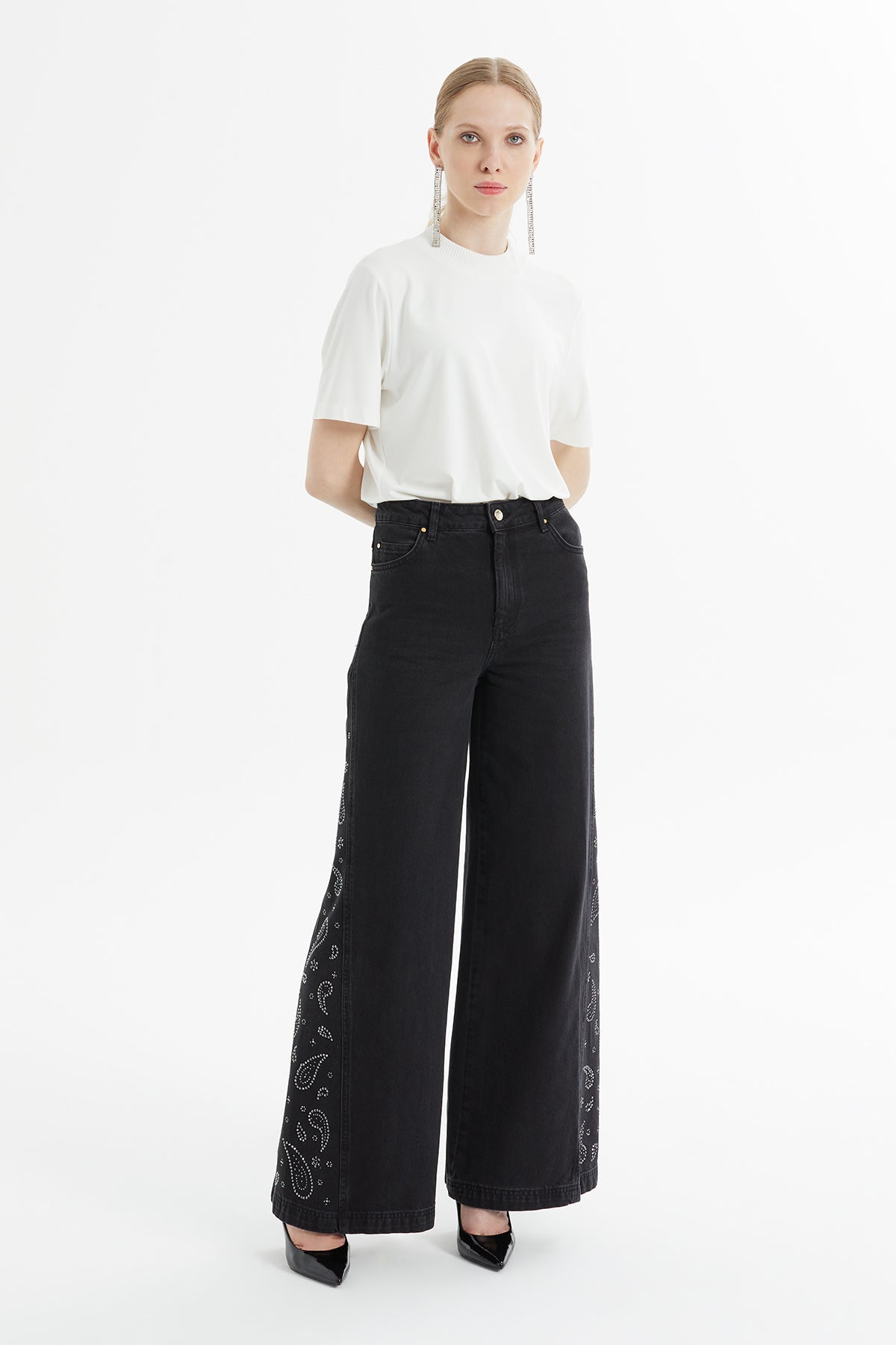 Düğmeli Geniş Paça Jean Pantolon