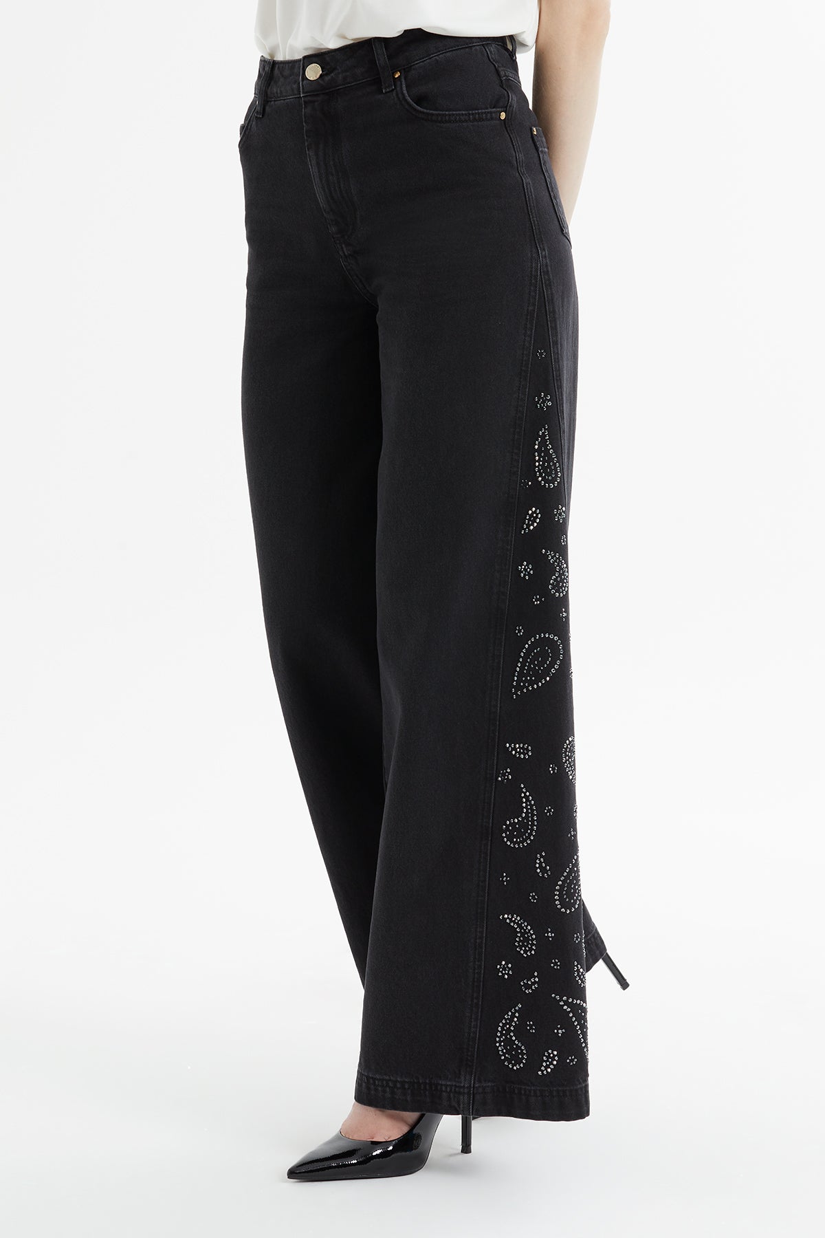 Düğmeli Geniş Paça Jean Pantolon