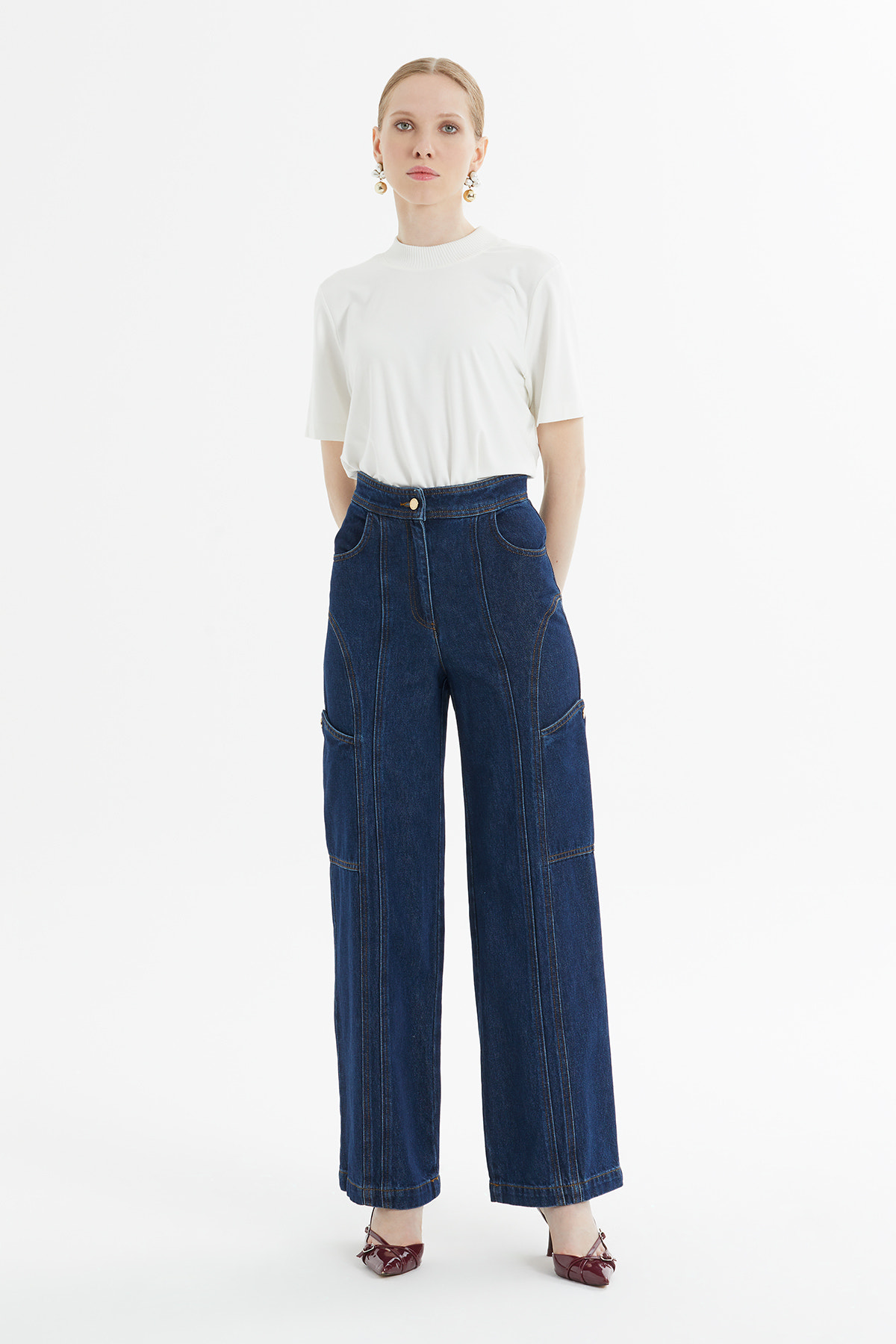 Parçalı Kontrast Dikiş Detaylı Kargo Denim Pantolon