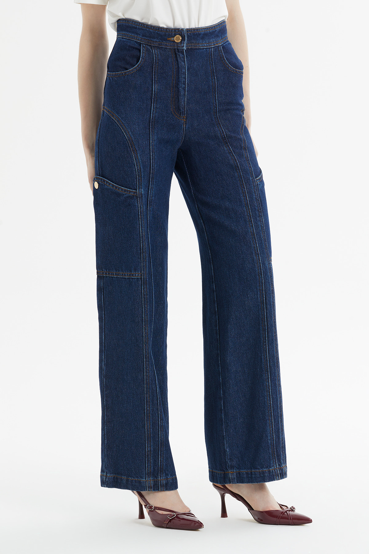 Parçalı Kontrast Dikiş Detaylı Kargo Denim Pantolon