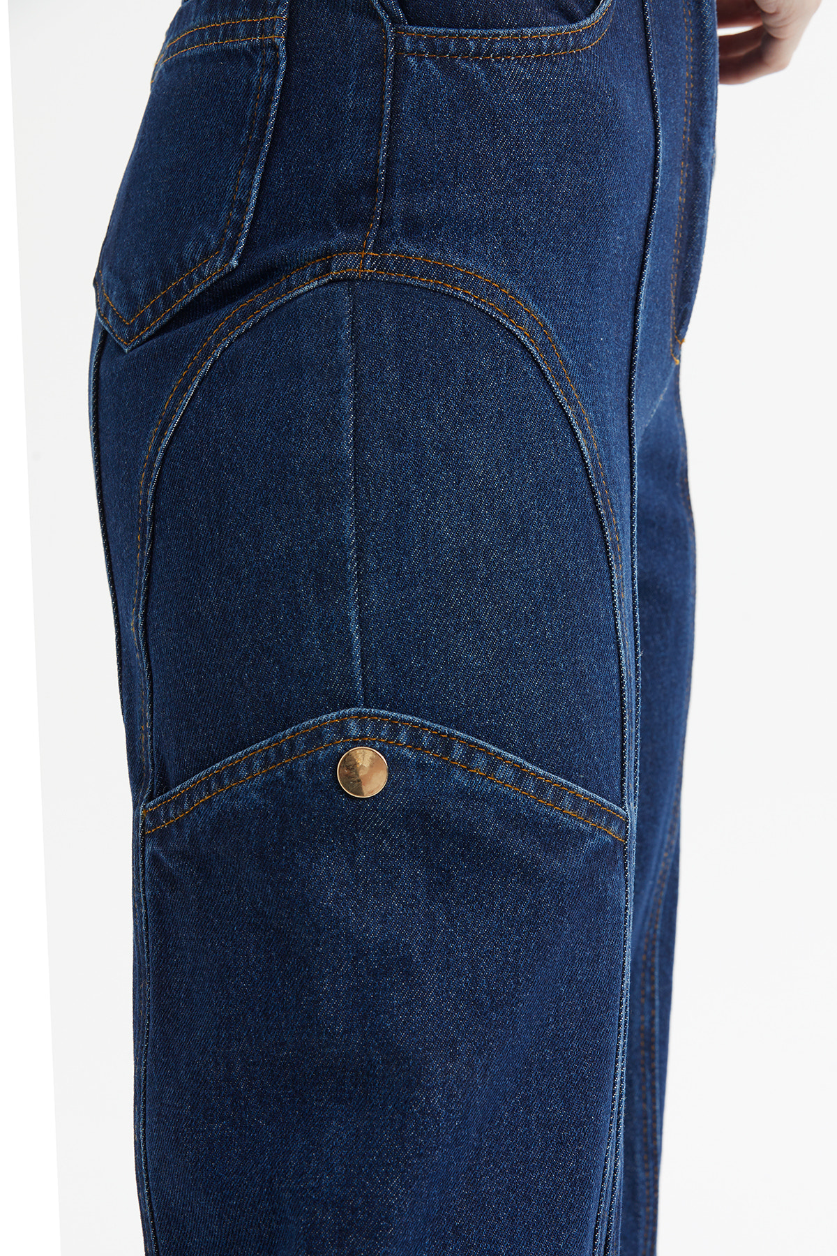 Parçalı Kontrast Dikiş Detaylı Kargo Denim Pantolon