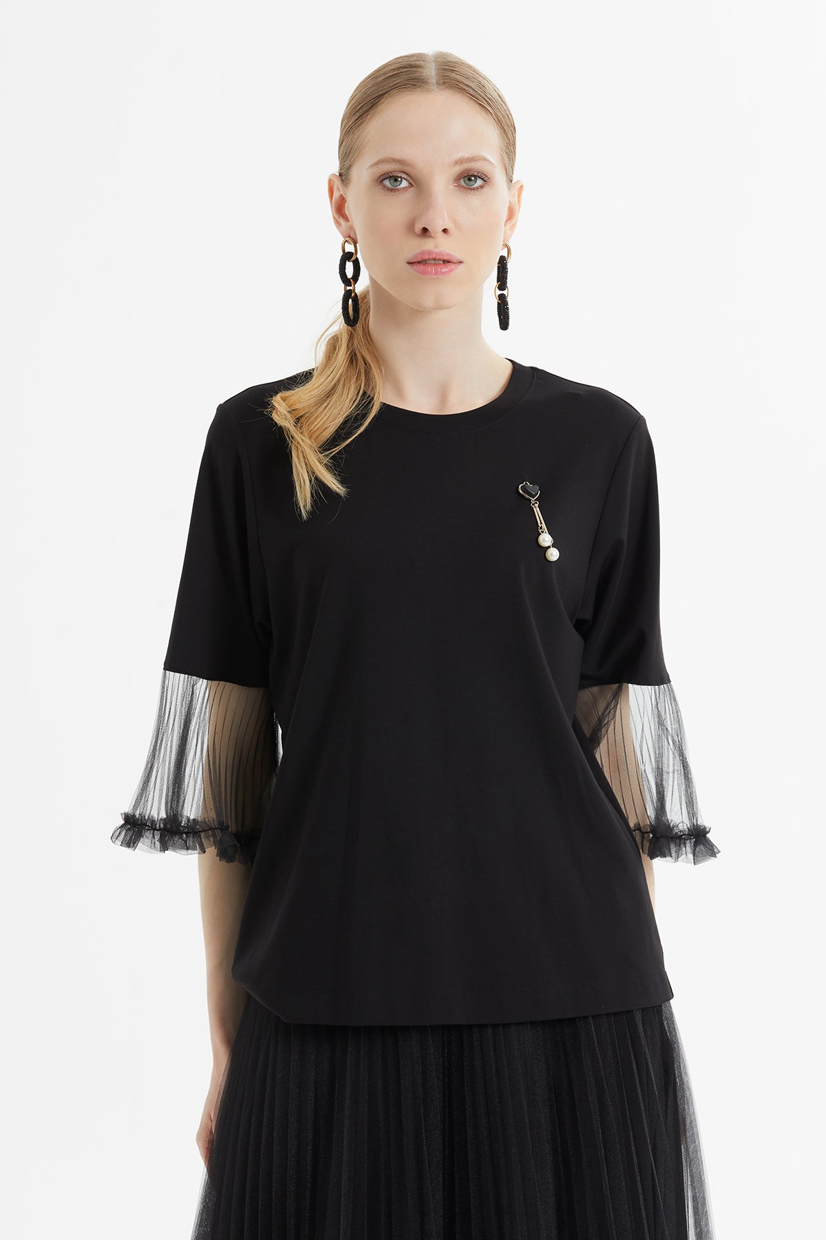 Yarım Kol Tül Fırfır Detaylı Örme Bluz