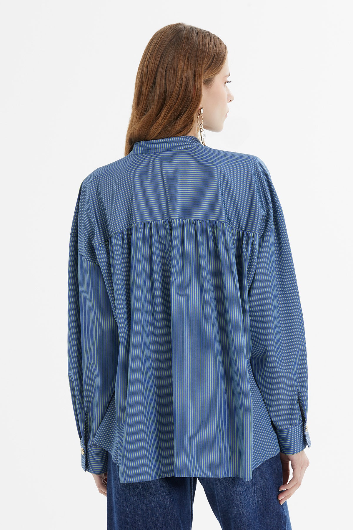 Yaka Fırfır Detaylı Ön Fermuarlı Çizgili Poplin Gömlek