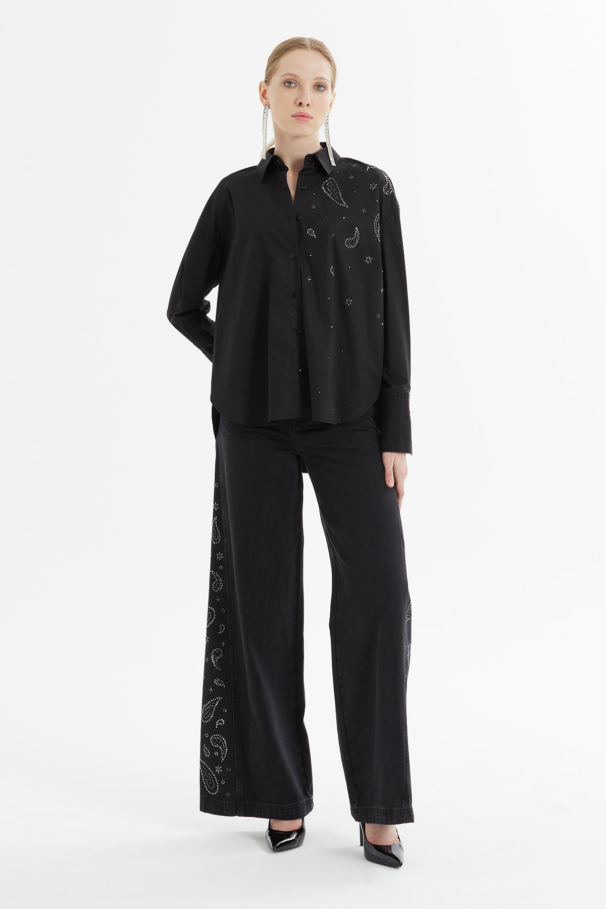 Denim Manşet Detaylı Logolu Rahat Kesim Dik Yaka Pamuk Gömlek