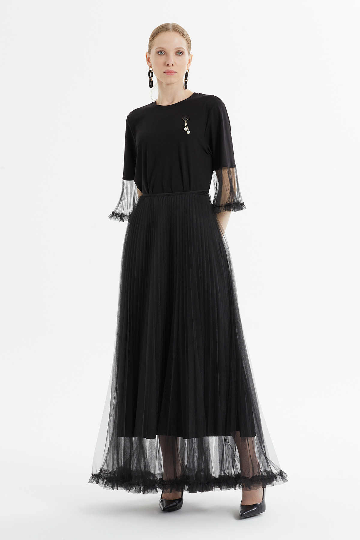 Plise Detaylı Etek Ucu Fırfırlı Uzun Etek
