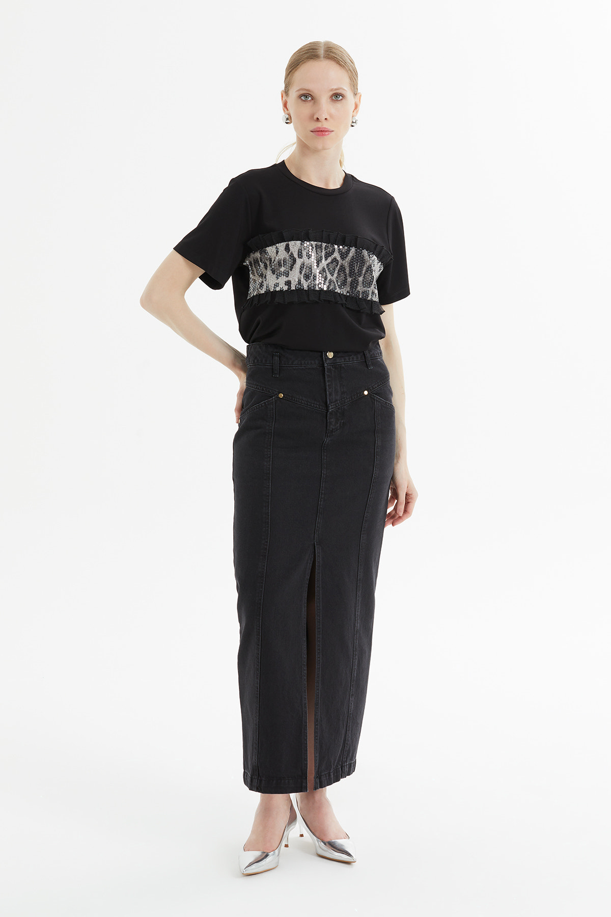 Yüksek Bel Ön Yırtmaçlı Denim Etek