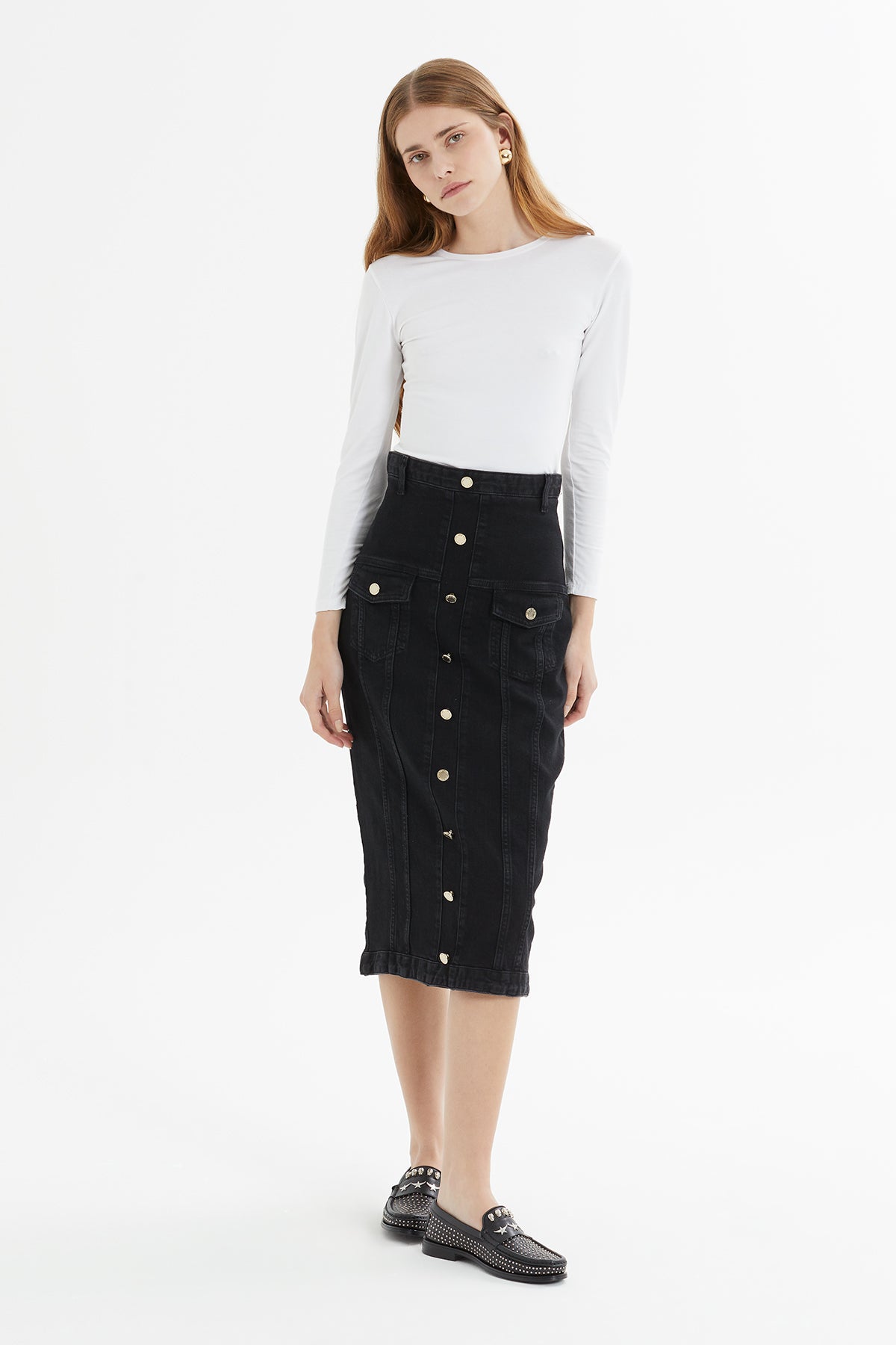 4 Cepli Düğme Ve Trok Detaylı Arkası Yırtmaçlı Yüksek Bel Midi Boy Jean Kalem Etek