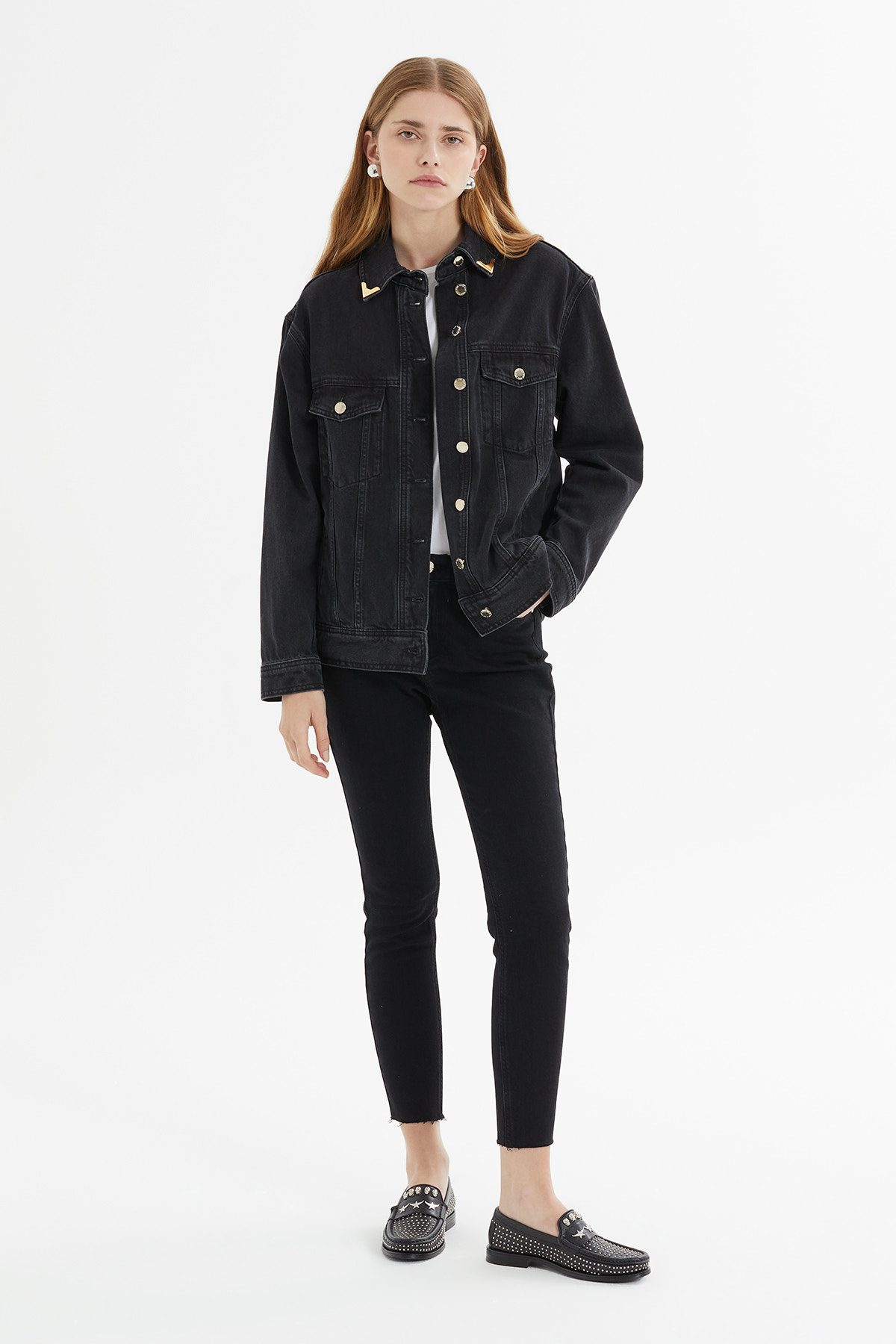 Yaka Aksesuar Detaylı Oversize Denim Ceket