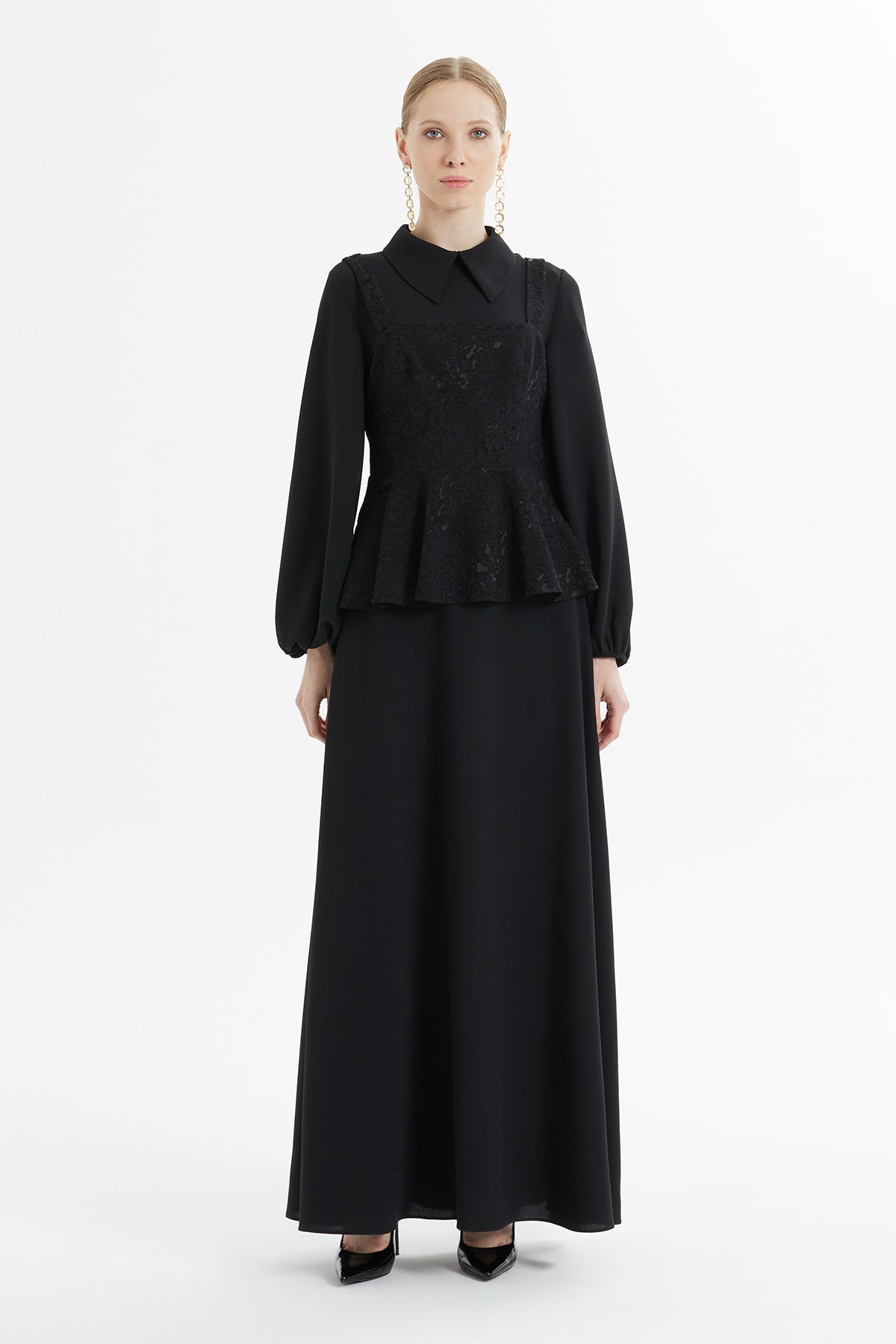 Dantel Detaylı Peplum Uzun Elbise