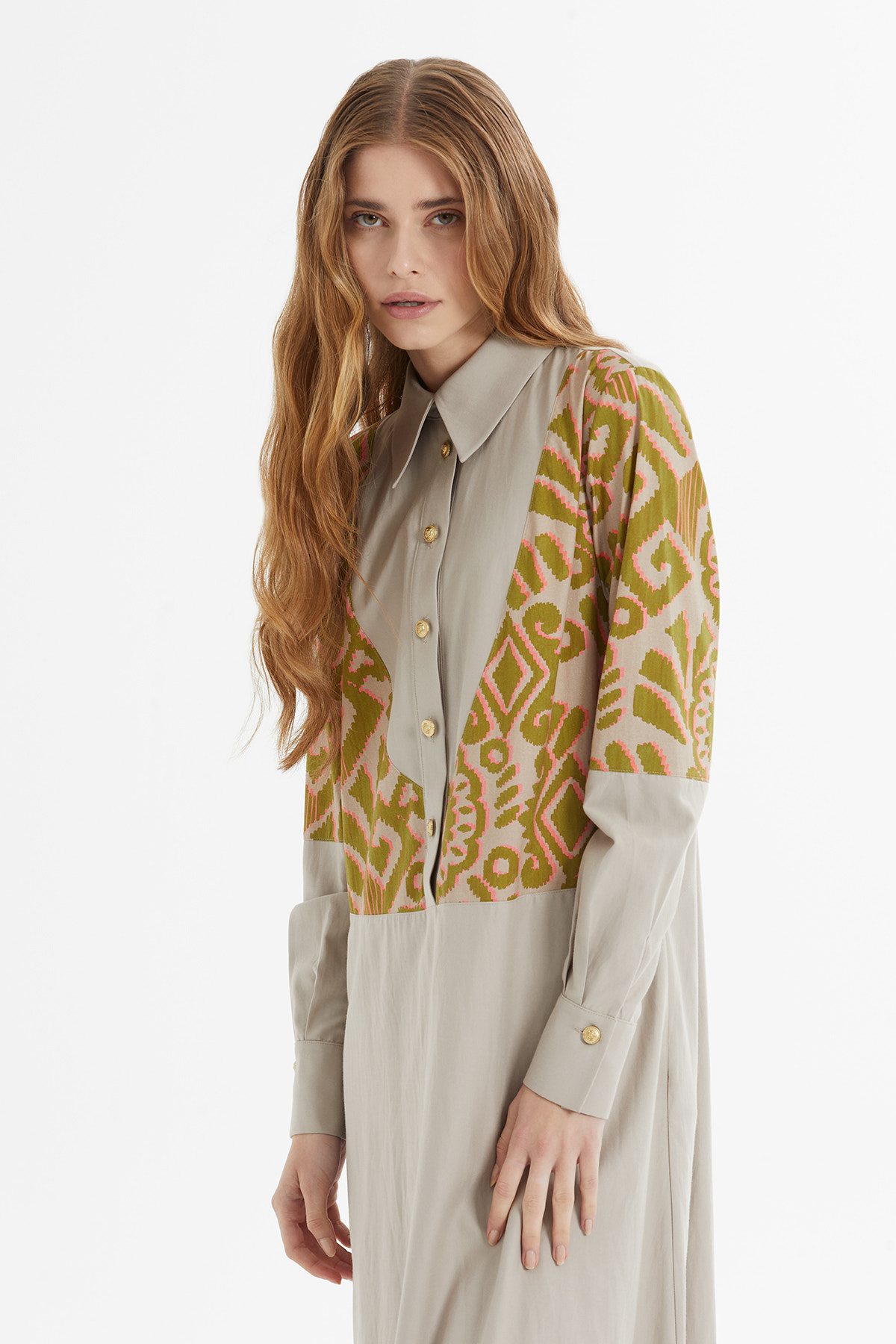 Etnik Desenli Volanlı Uzun Elbise