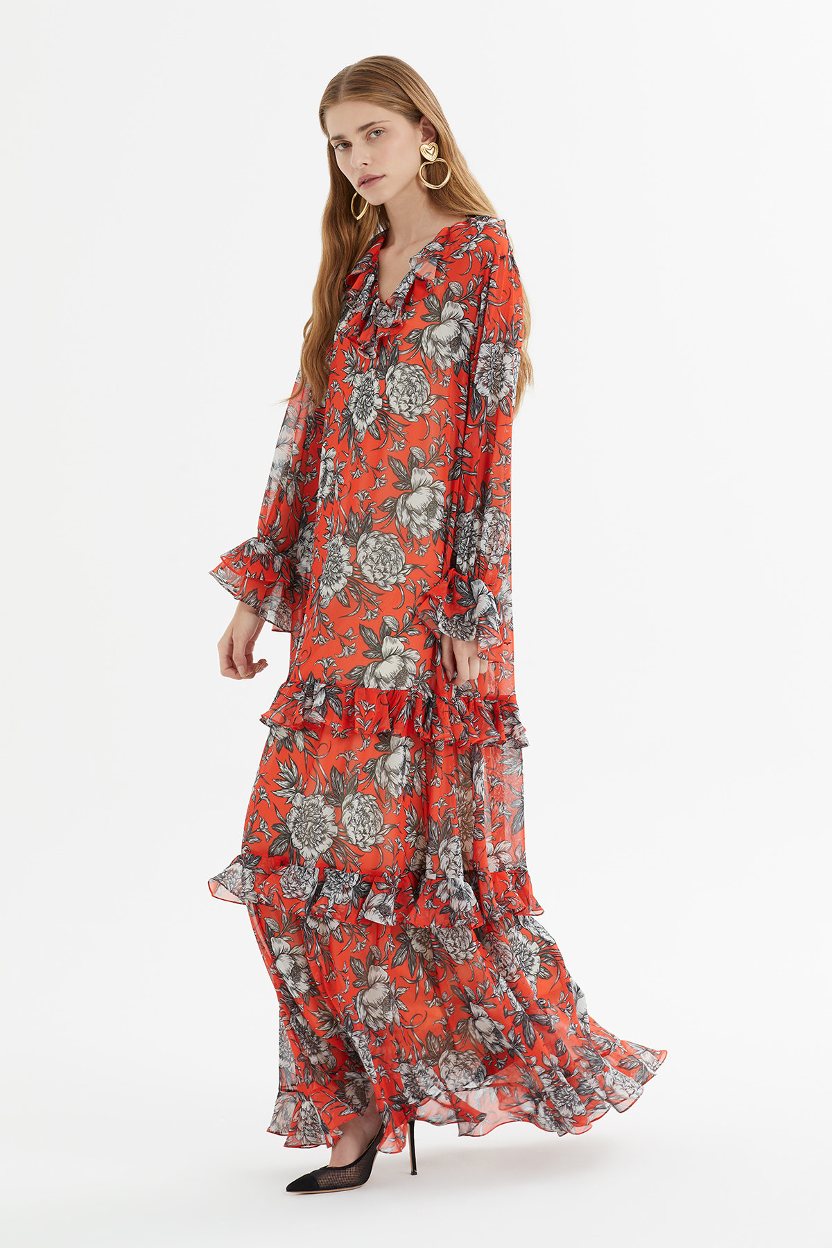 Volan Detaylı Bileği Lastikli V Yaka Desenli Uzun Elbise