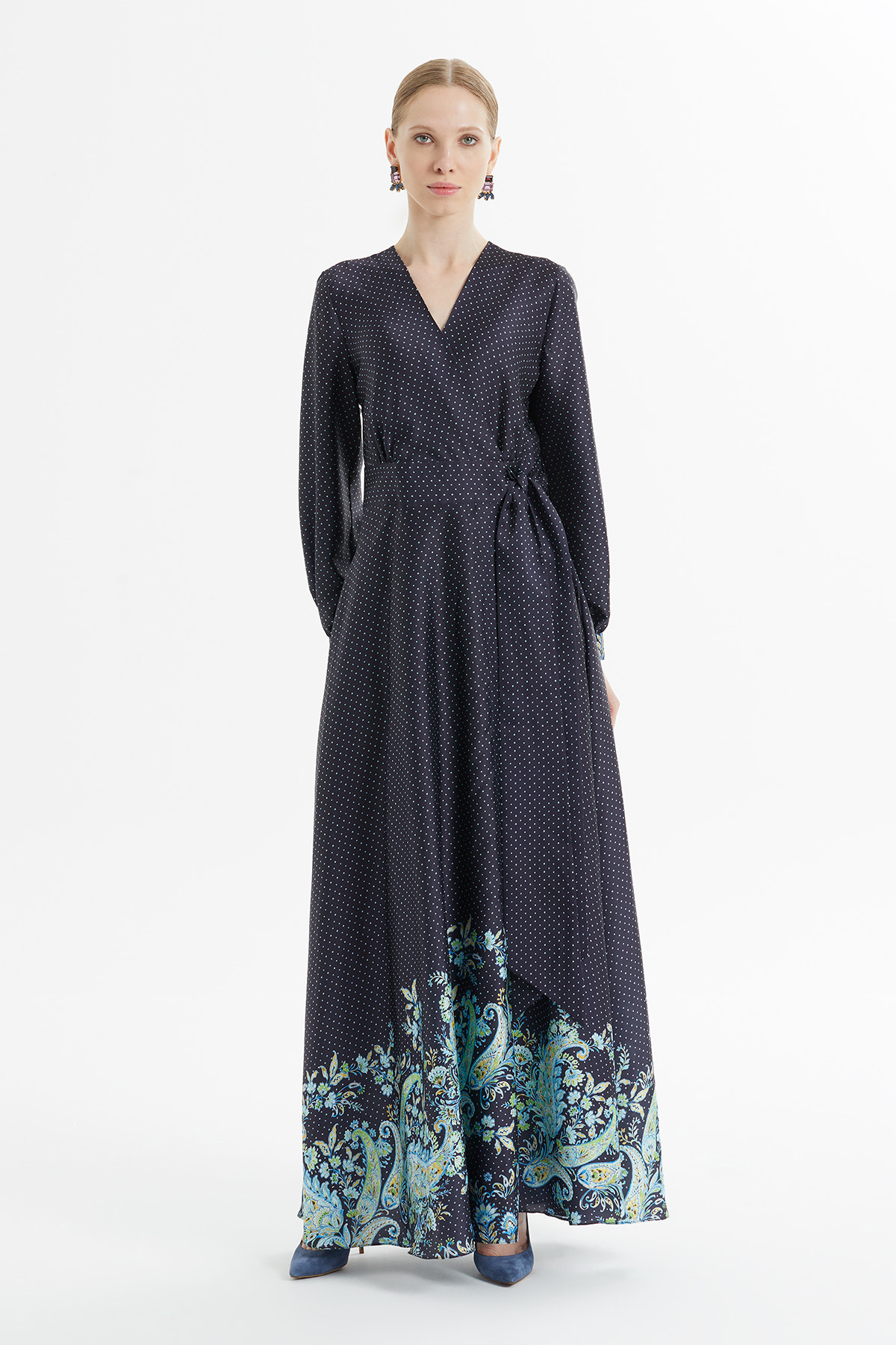 Kruvaze Kapamalı Beli Kuşaklı Puantiyeli Uzun Elbise