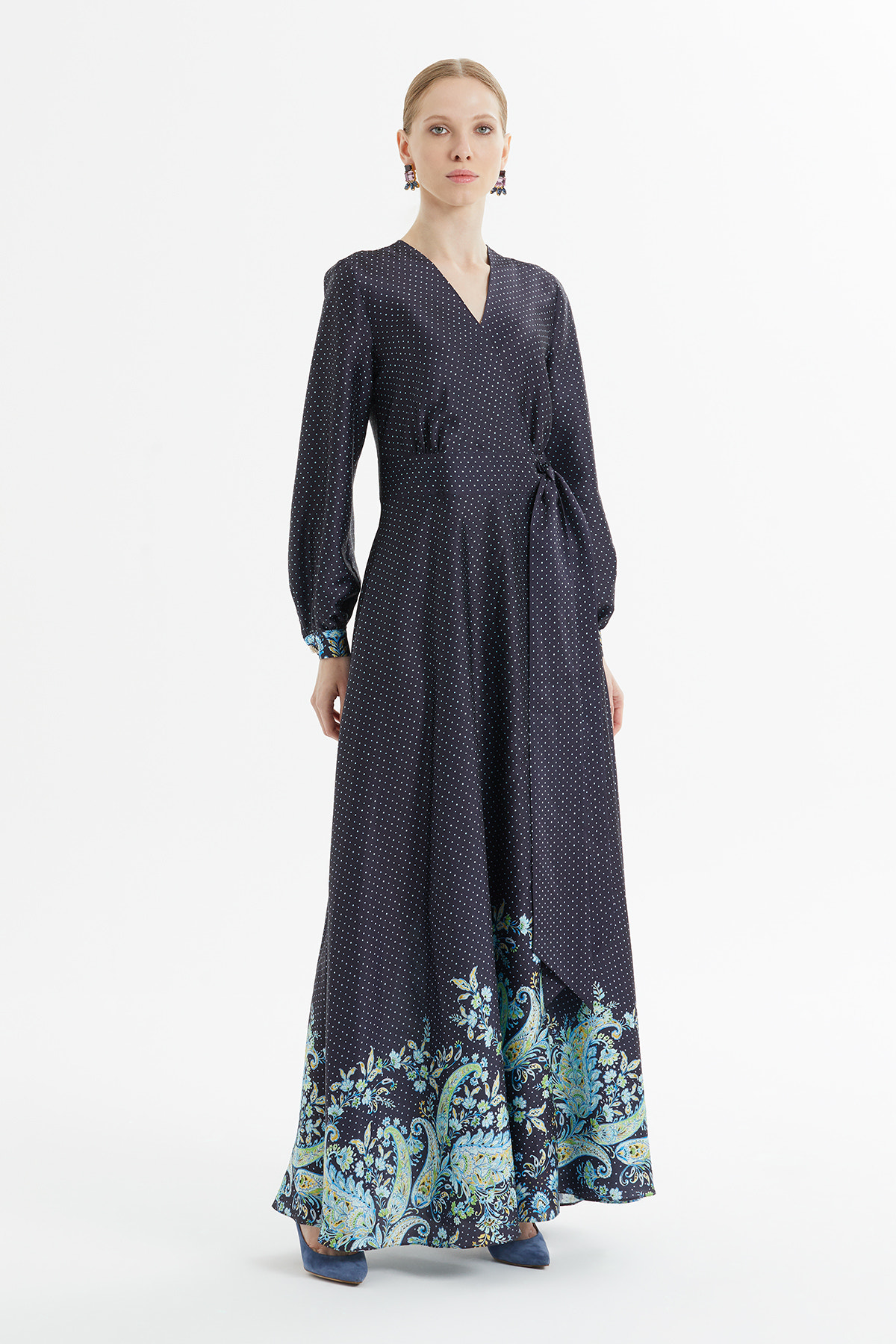 Kruvaze Kapamalı Beli Kuşaklı Puantiyeli Uzun Elbise