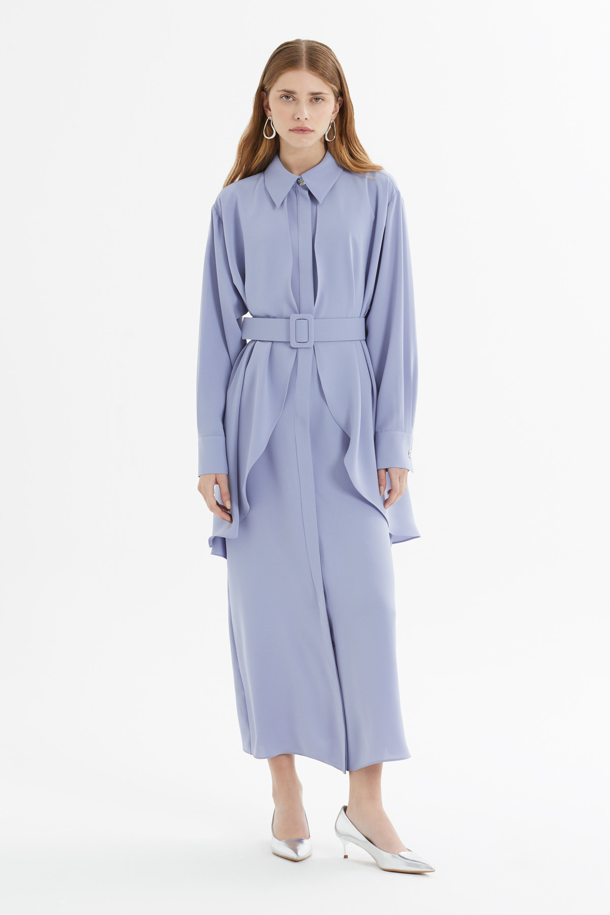 Tokalı Kemer Detaylı Asimetrik Midi Elbise