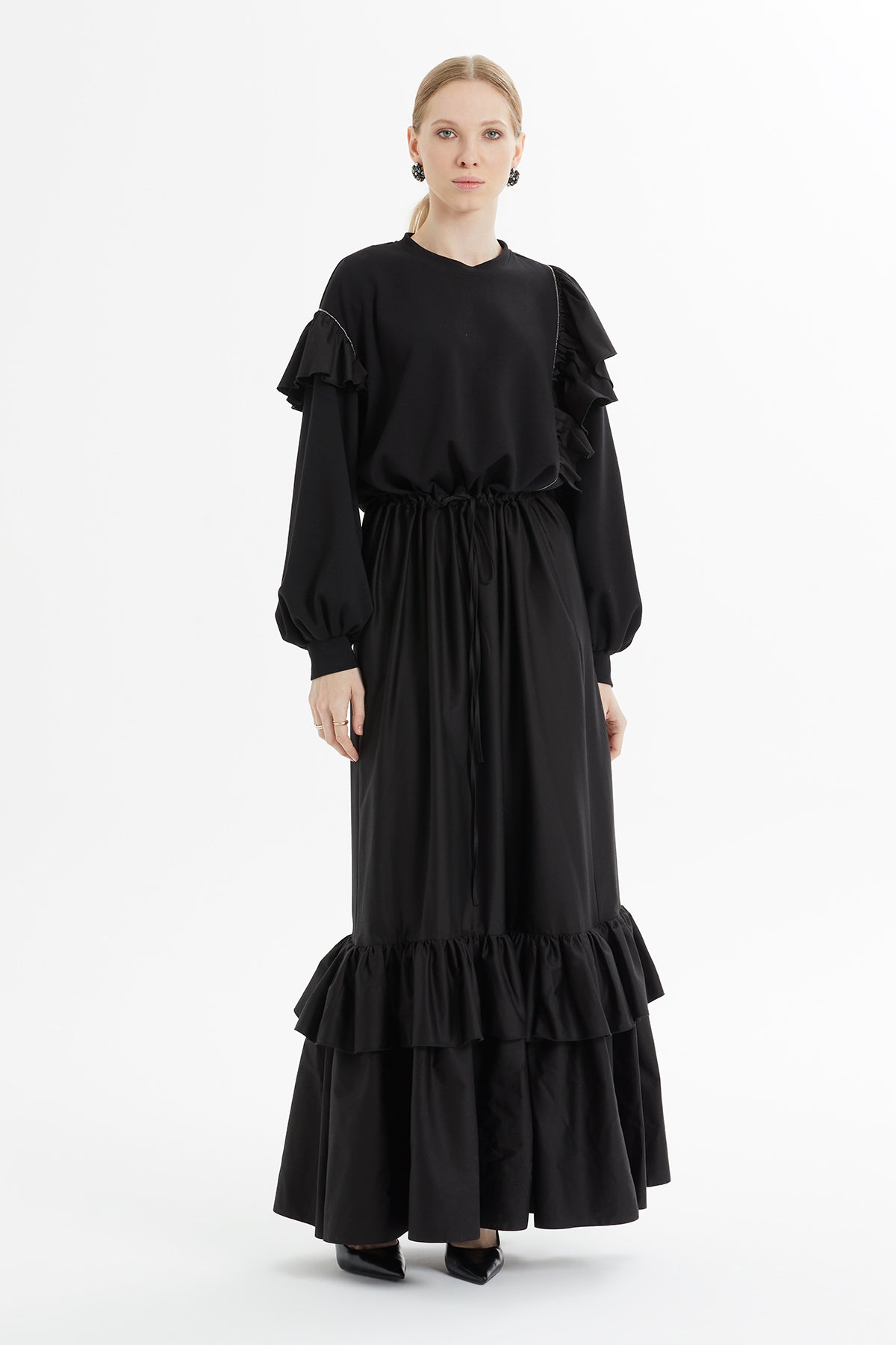 Volan Detaylı Uzun Elbise