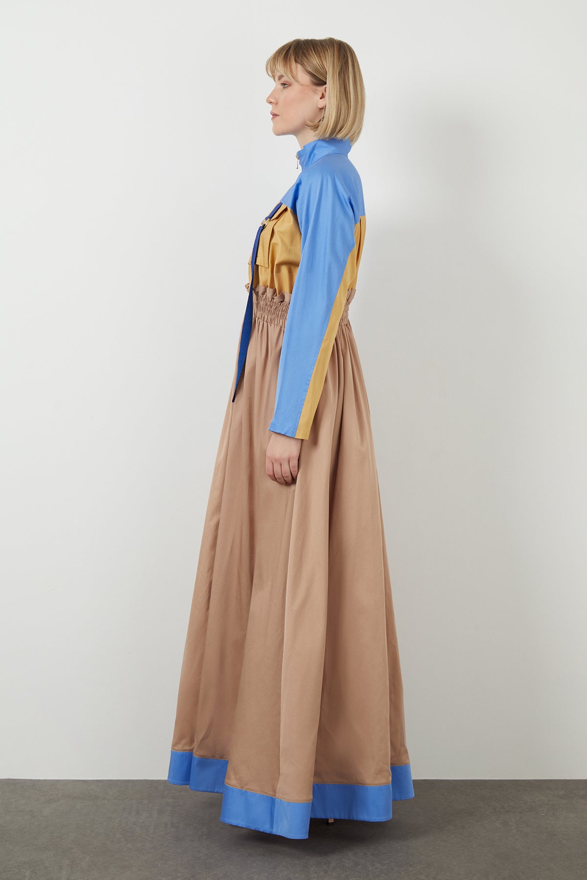 Fermuar Detaylı Renk Bloklu Uzun Elbise