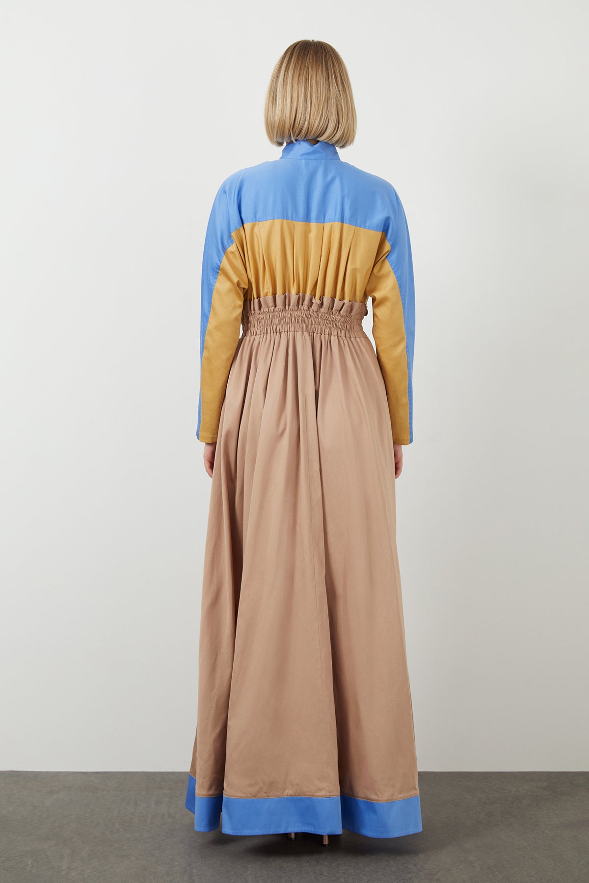 Fermuar Detaylı Renk Bloklu Uzun Elbise