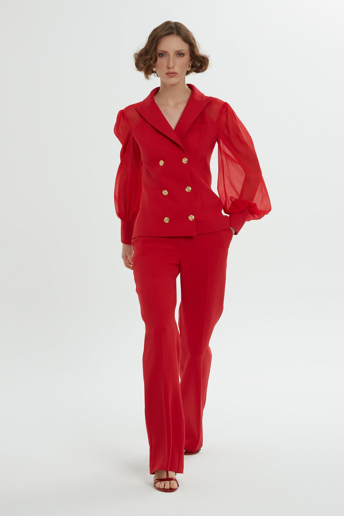 Kolları Şifon Kruvaze Kapamalı Pantolonlu Takım