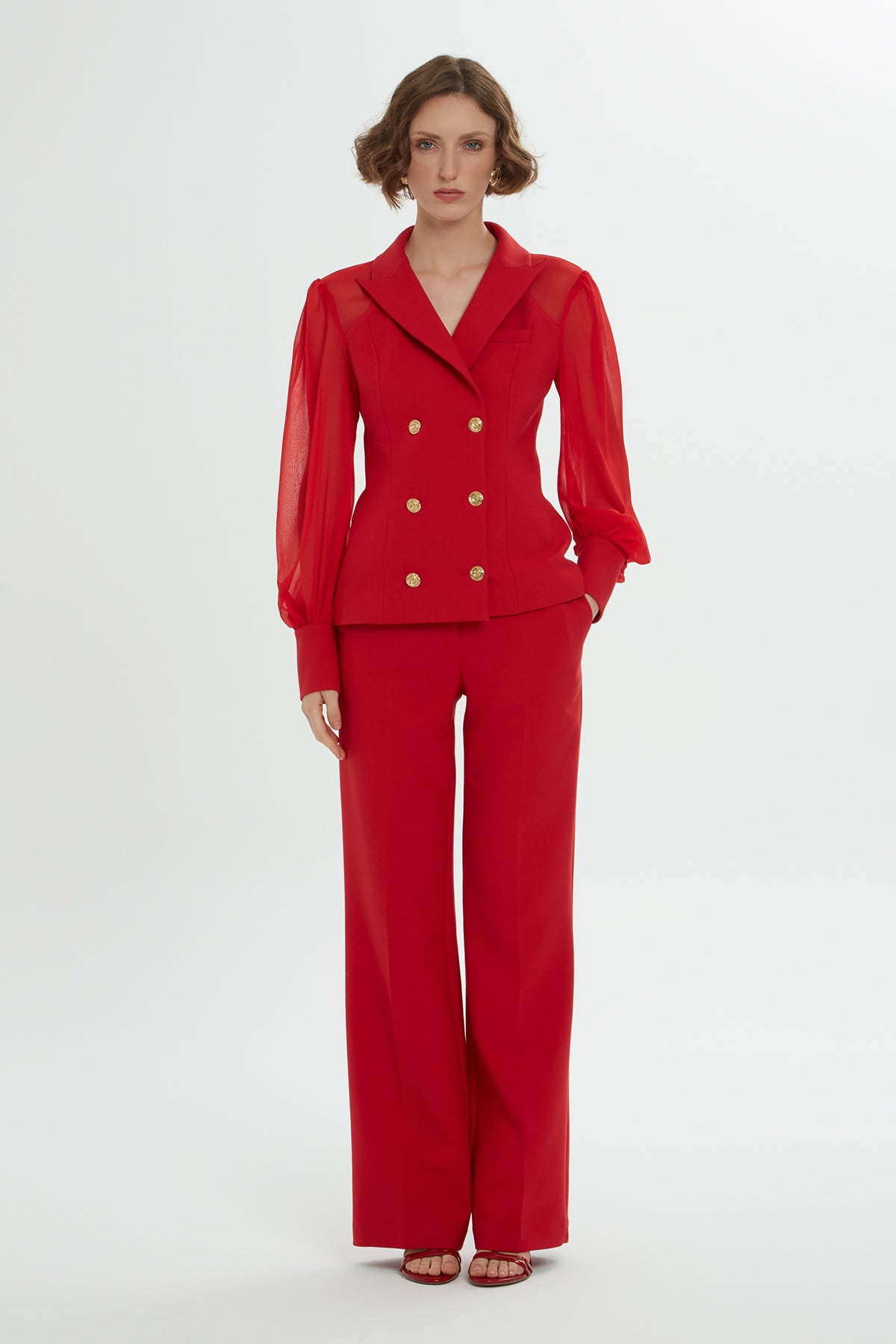 Kolları Şifon Kruvaze Kapamalı Pantolonlu Takım