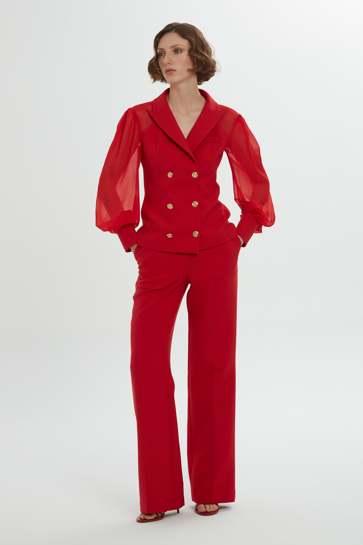 Kolları Şifon Kruvaze Kapamalı Pantolonlu Takım