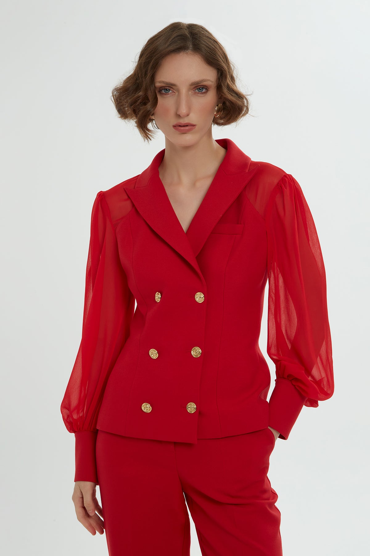 Kolları Şifon Kruvaze Kapamalı Pantolonlu Takım