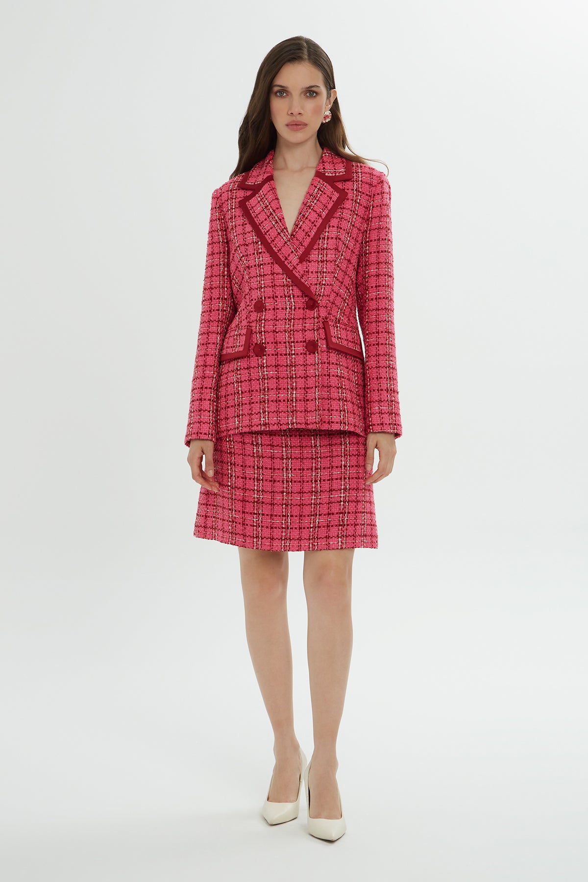 Ekose Desenli Ceket Ve Etek Takımı