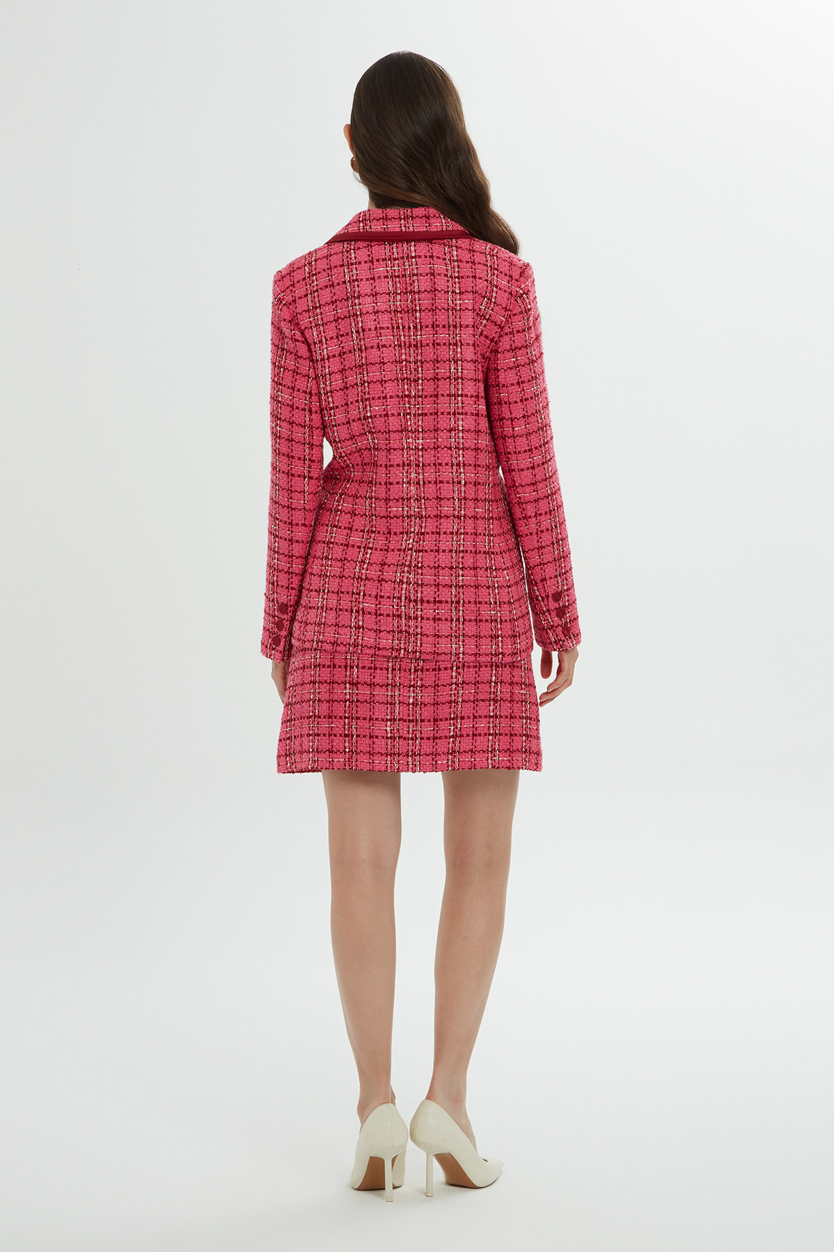 Ekose Desenli Ceket Ve Etek Takımı