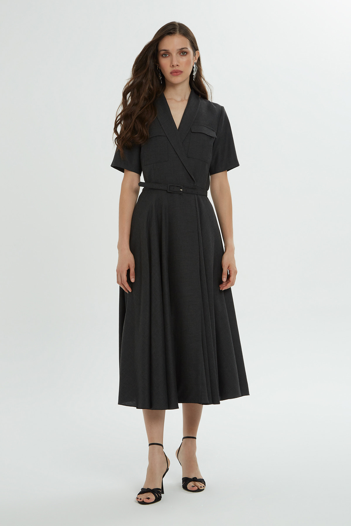 Çıtçıt Kapamalı Kemerli Midi Elbise