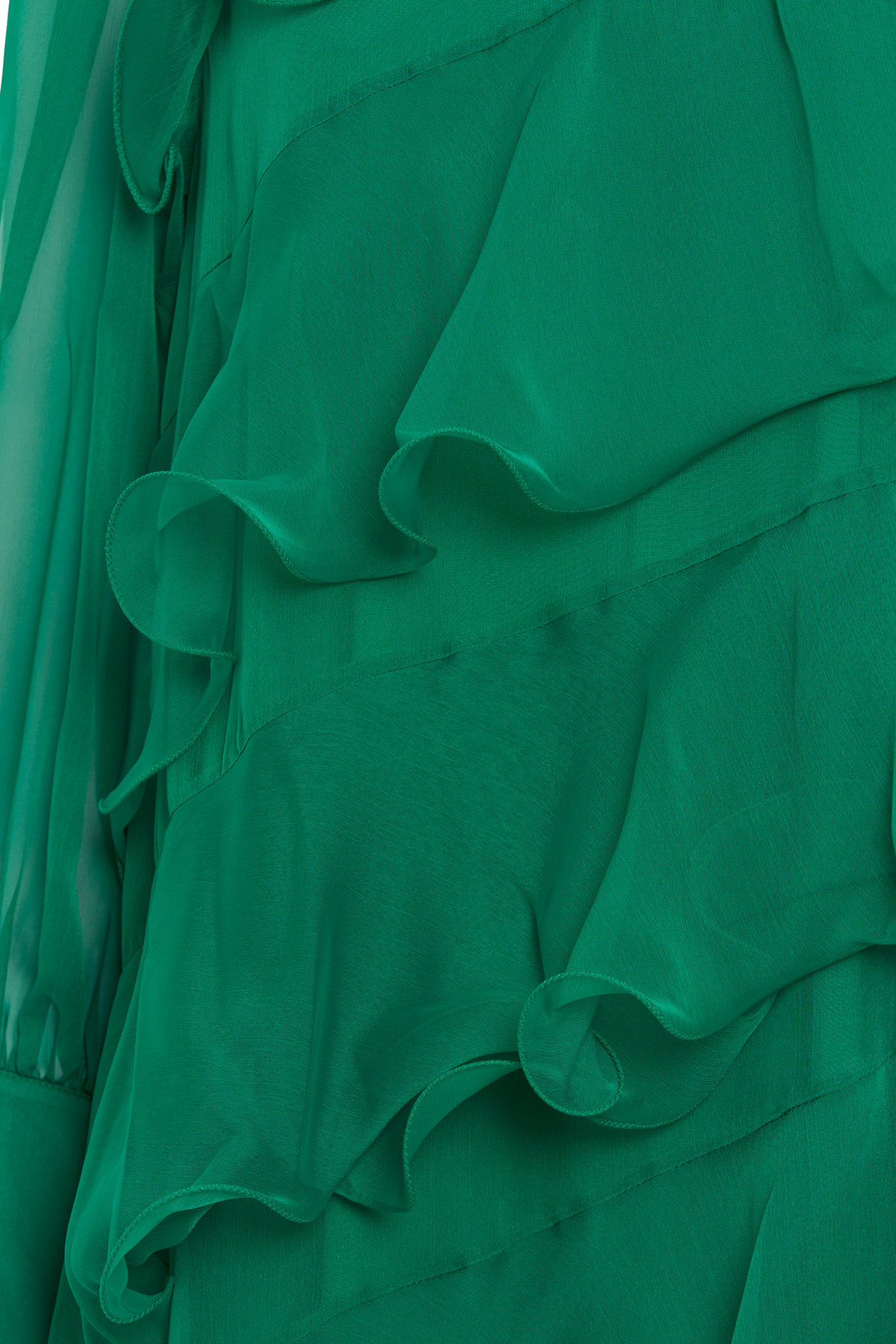 Asimetrik Volan Detaylı Uzun Kollu Astarlı Uzun Boy Elbise