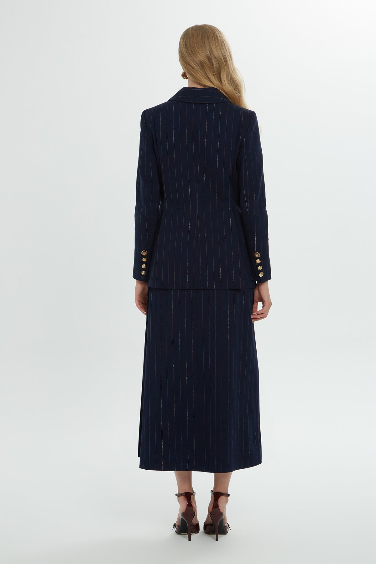 Kolları Düğme Detaylı Kruvaze Çizgili Ceket