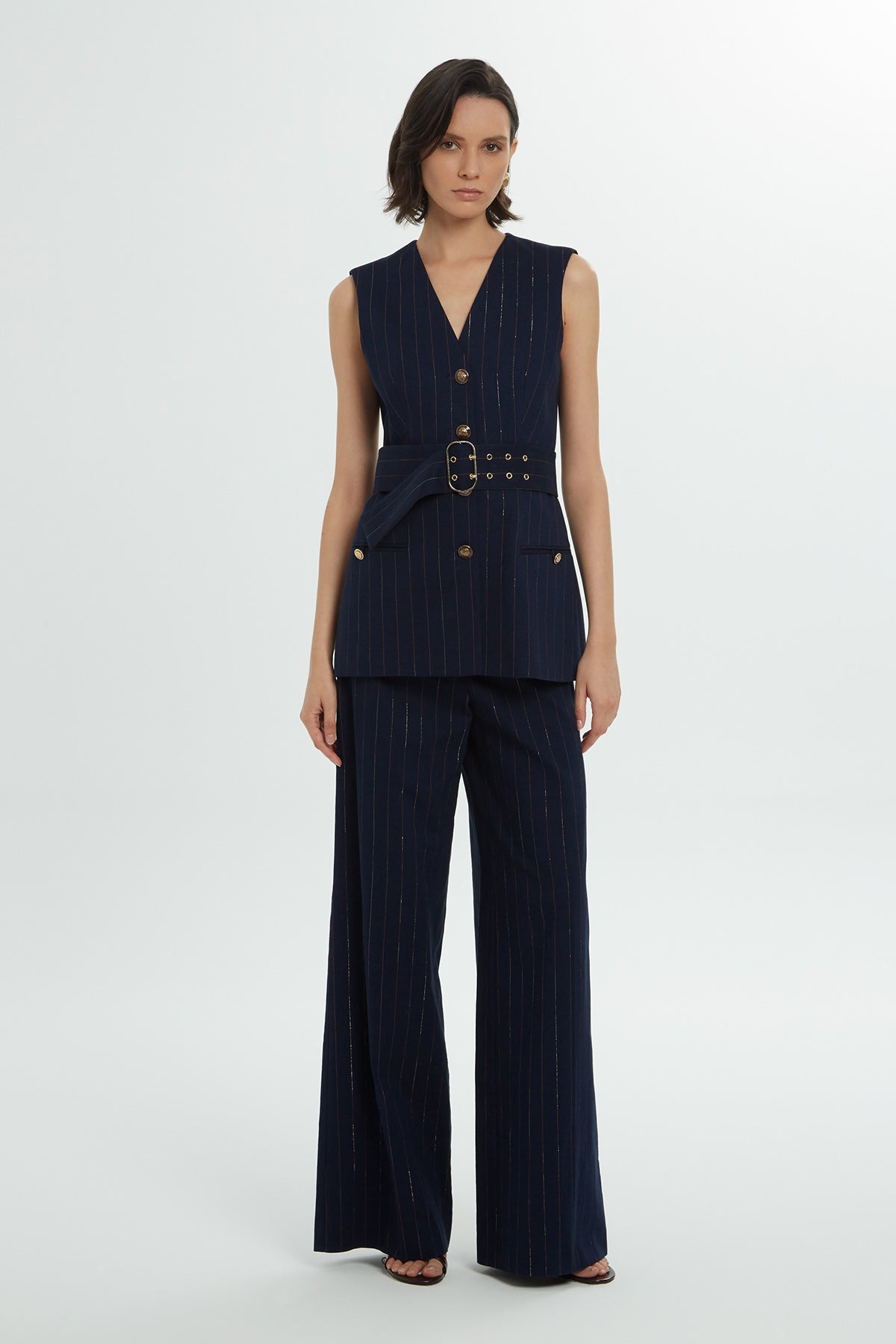 Kemer Detaylı Çizgili Yelek