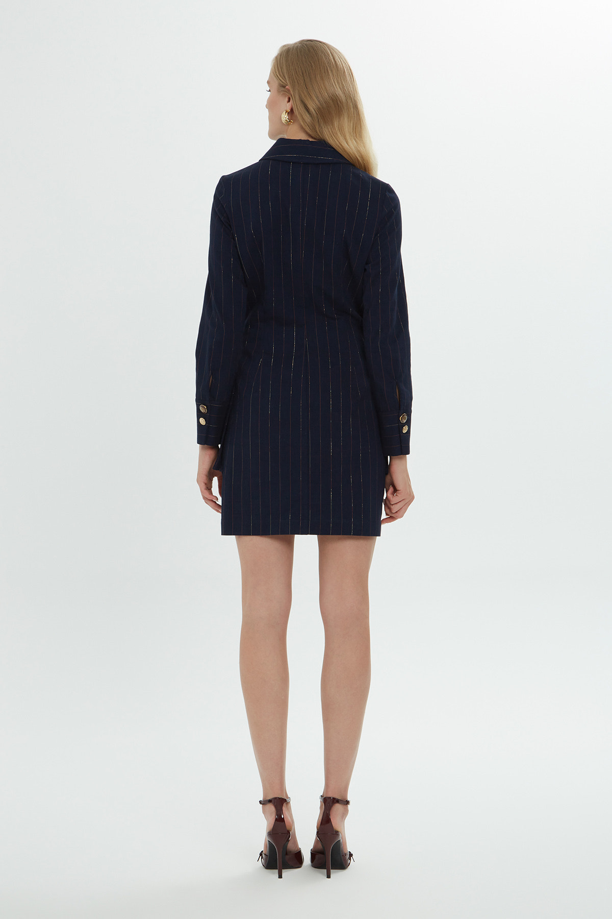 Uzun Kollu Düğme Detaylı Çizgili Gömlek Mini Elbise