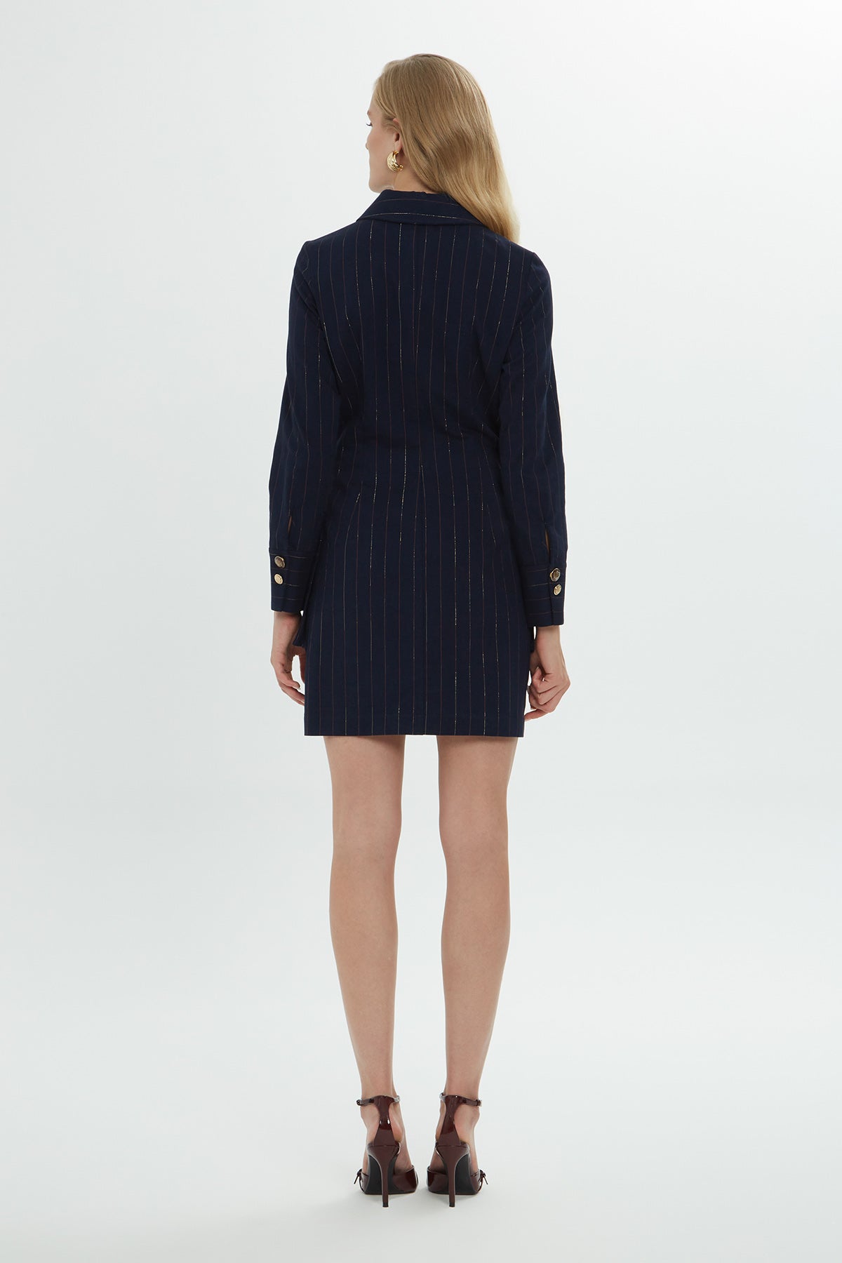 Uzun Kollu Düğme Detaylı Çizgili Gömlek Mini Elbise