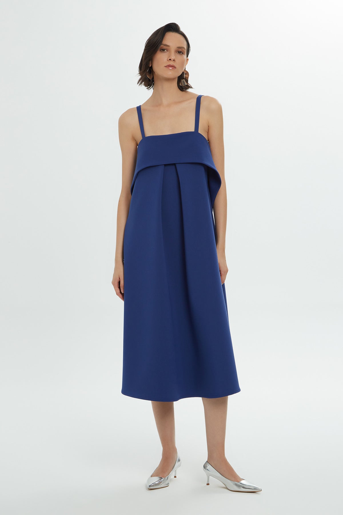 Askılı Drapeli Midi Elbise