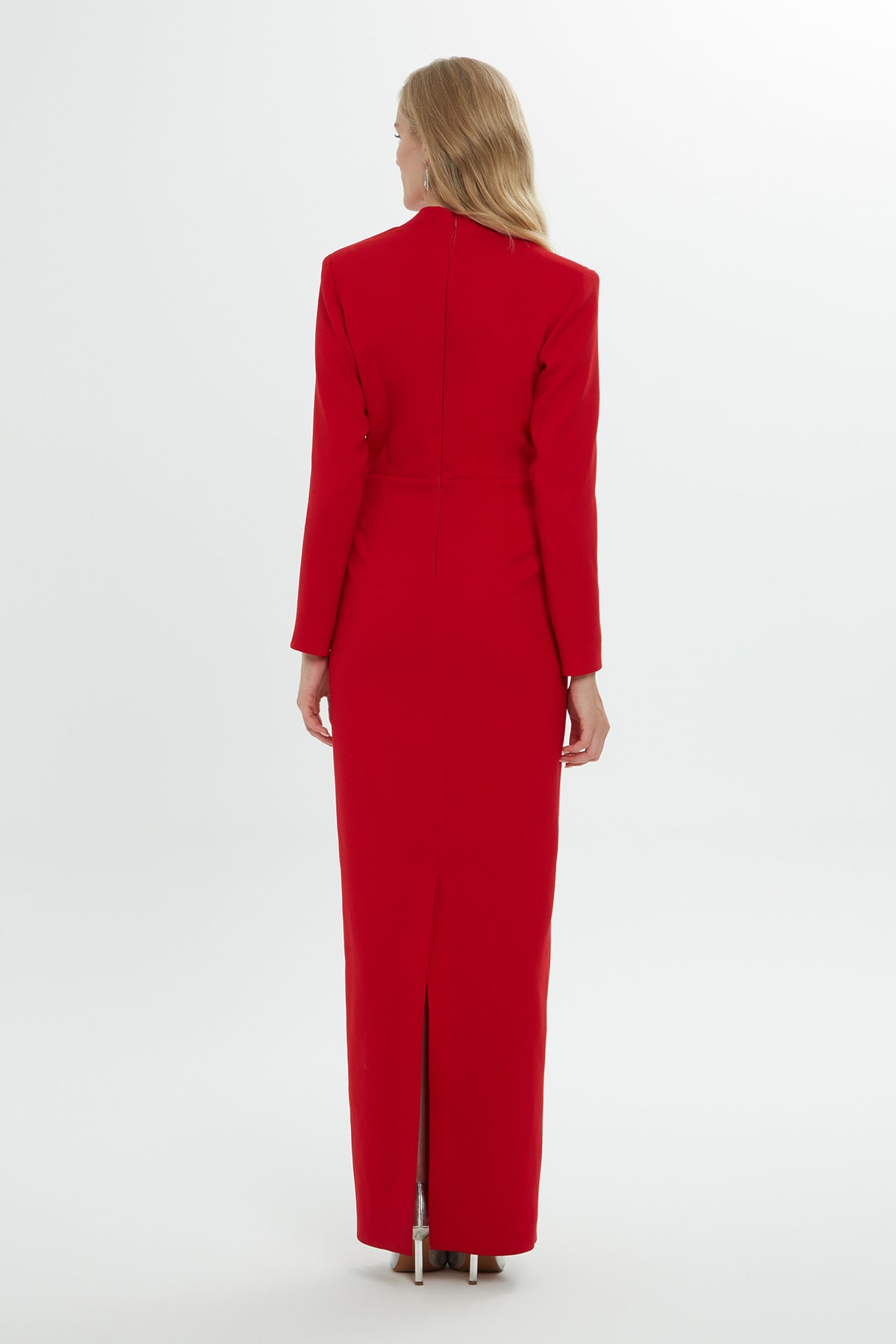 Yakası İşleme Detaylı V Yaka Uzun Kollu Uzun Elbise